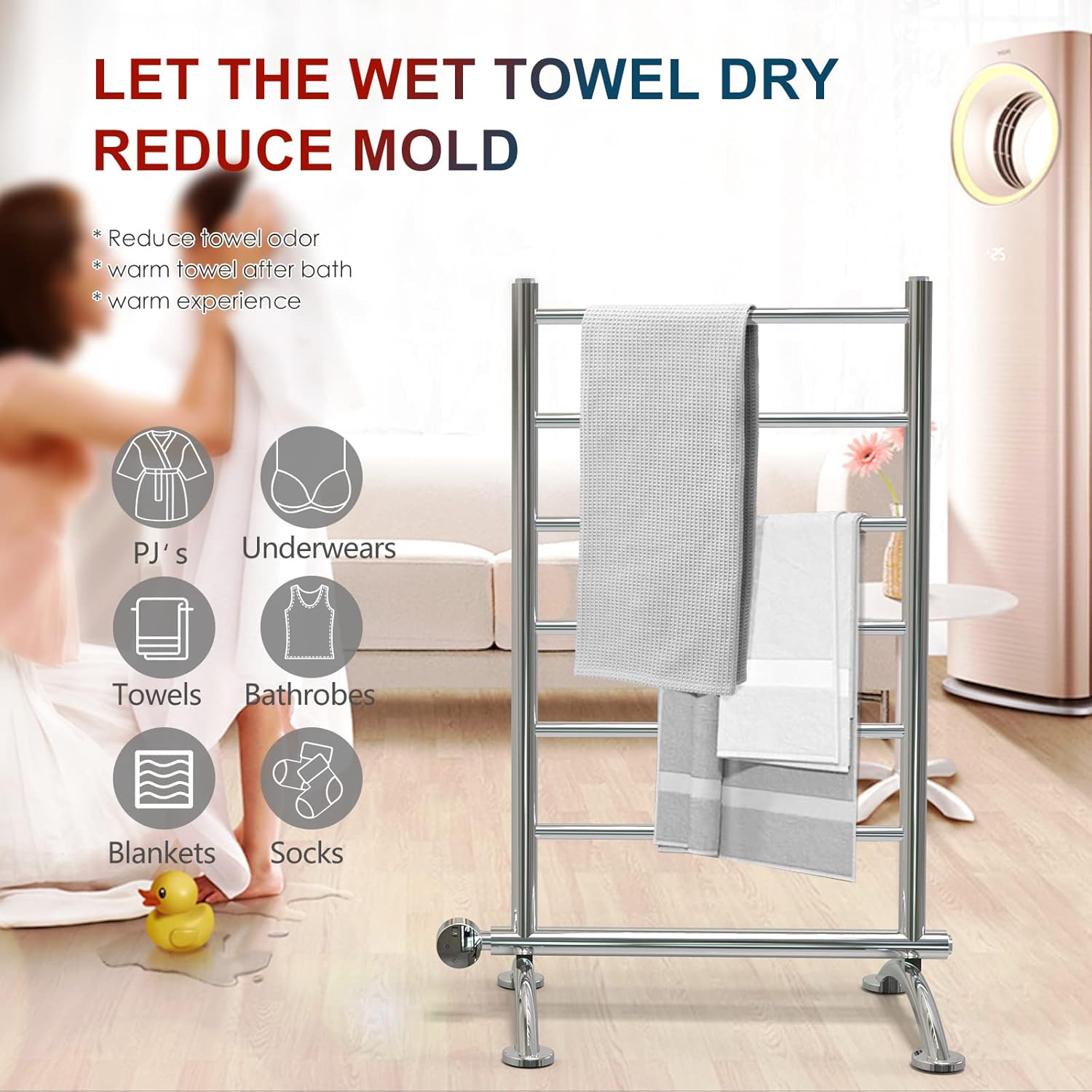 AVONFLOW Freestanding Heated Towel Warmer Rack with Smart Controller Timer Plug in Heated Towel Rack for Bathroom (250W)- Polish
