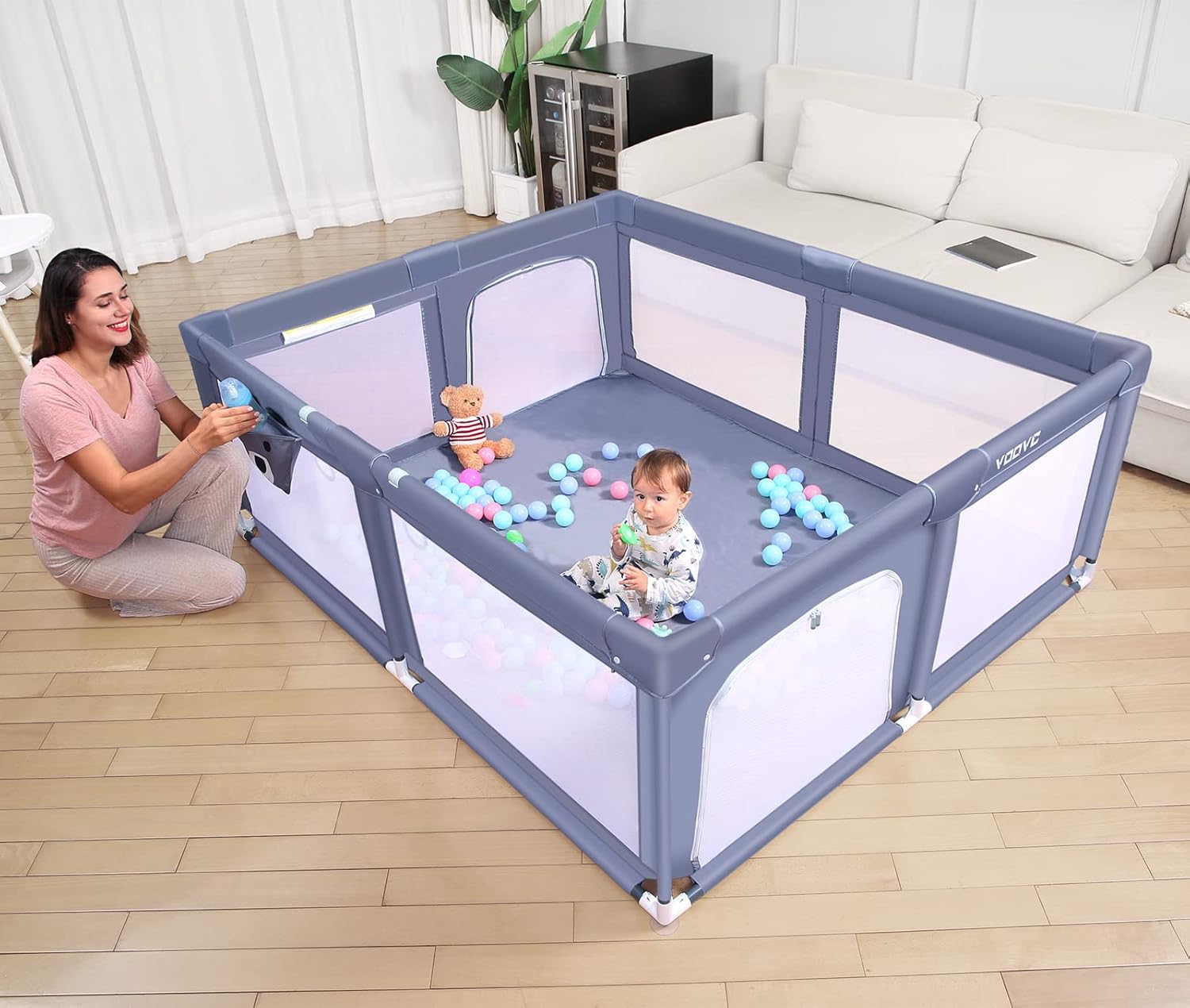 VOOVC Baby Playpen, Upgraded Playards for Babies, 71x 60x28 Inchs Toddlers Sturdy Safety Big Kids Activity Center with Gate Anti-Slip Suckers Tear-Resistant Mesh