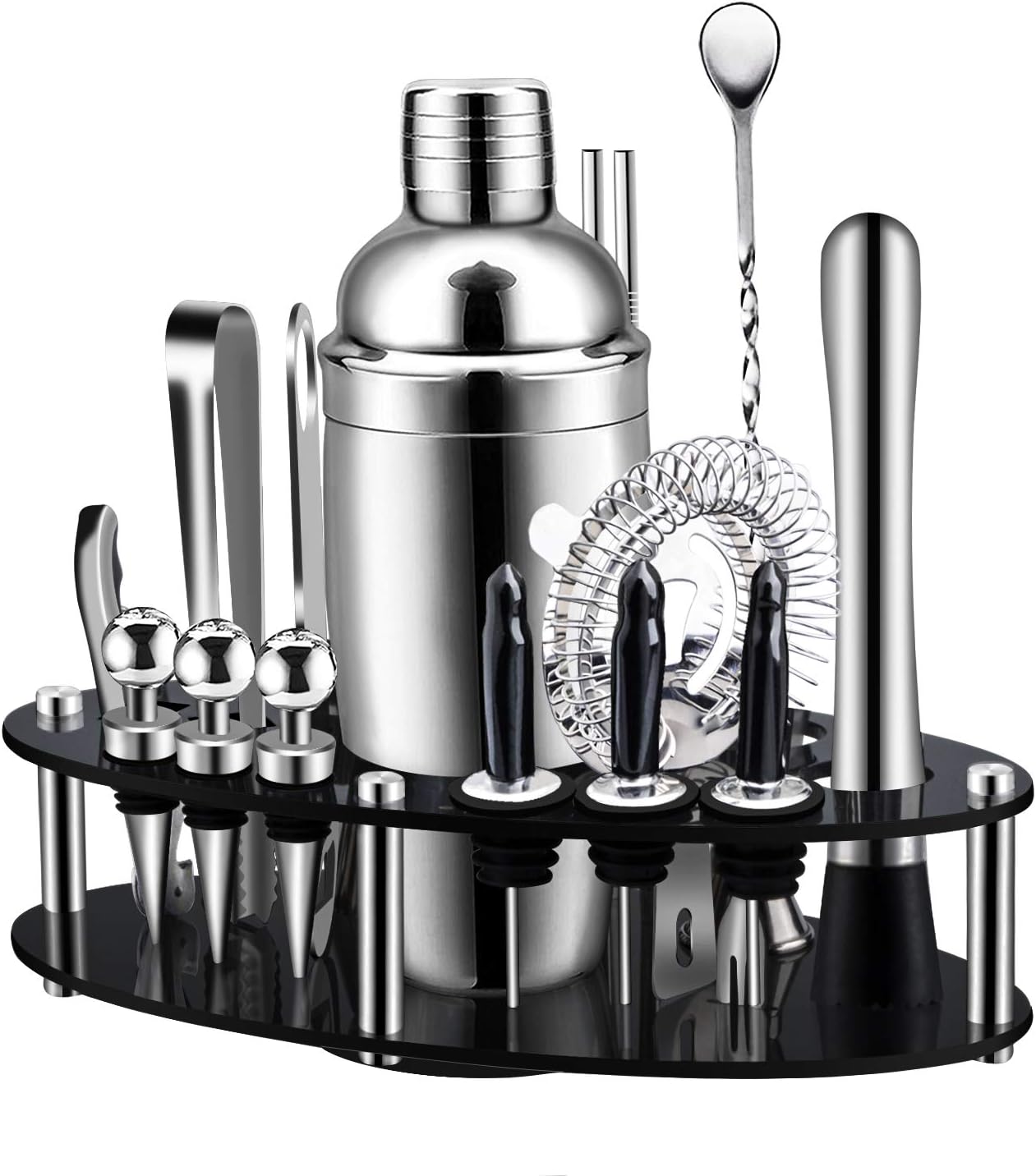 X-cosrack Bar Set,19-Piece Cocktail Shaker Set with Oval Rotating Display Stand,SS304 Stainless Steel Premium Bartender Kit for Home,Bar,Party Pack of 2