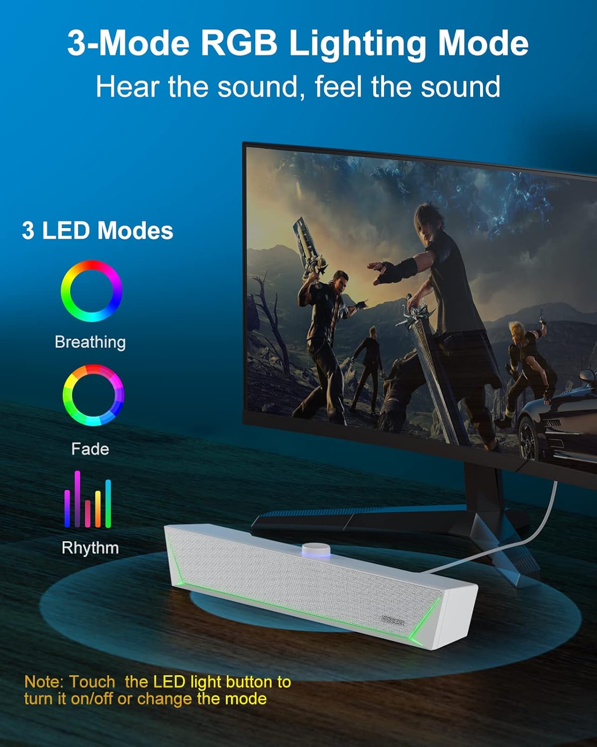 KMOUK Computer Sound Bar, Dynamic LED Gaming Soundbar, PC Speaker with HiFi Stereo, Bluetooth 5.0 & 3.5mm Aux-in Connection, USB Powered Computer Speakers for Desktop, PC, Laptop, Tablets,White Pack of 2