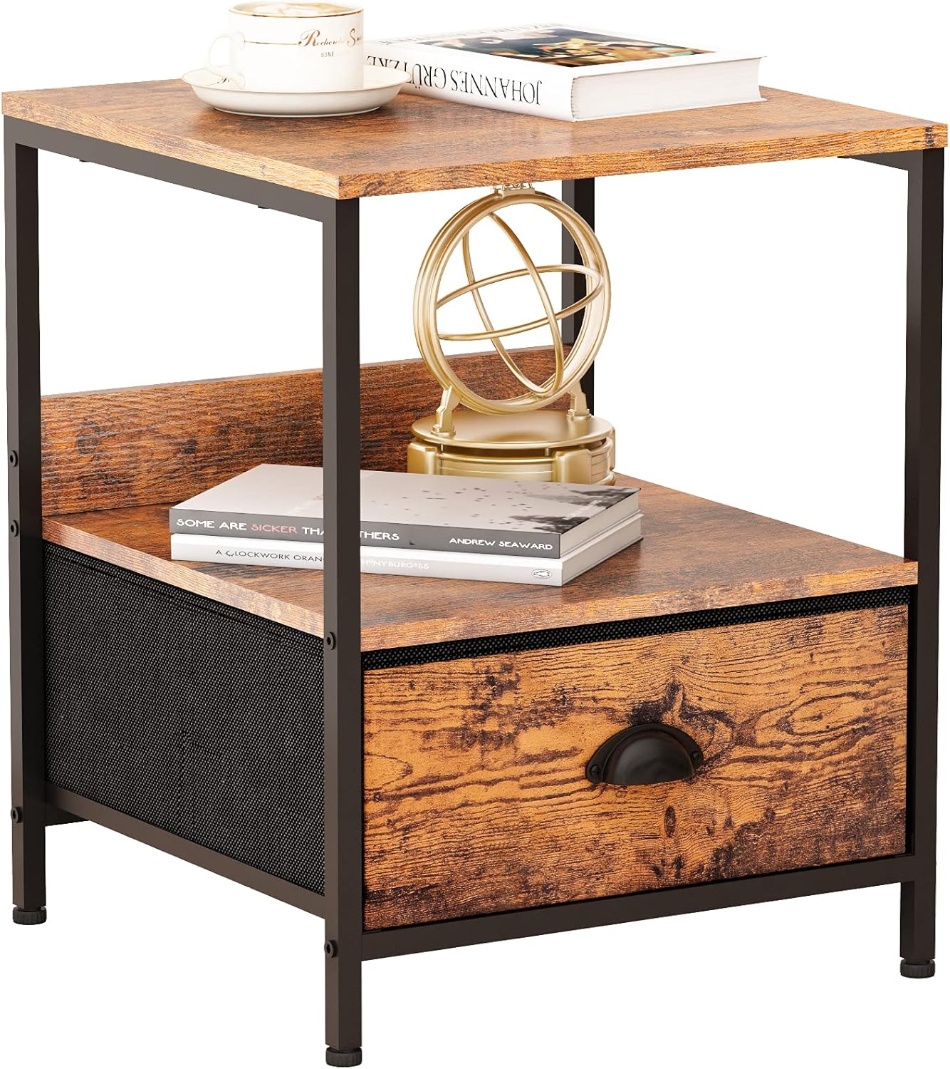 Furologee Set of 2 Nightstand with Drawer, End Table with Storage Shelf, Industrial Side Sofa Table, Bedside Accent Furniture Metal Frame Easy Assembly for Living Room/Bedroom/Halway, Rustic Brown