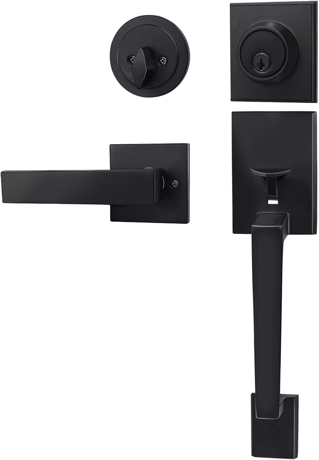 Azdele Front Door Handle Set with Single Cylinder Deadbolt and Lever Handle, Square Adjustable Entry Door Lock Set, Entrance Handle Set with Lock, Reversible for Right & Left Handed, Matte Black Pack of 2