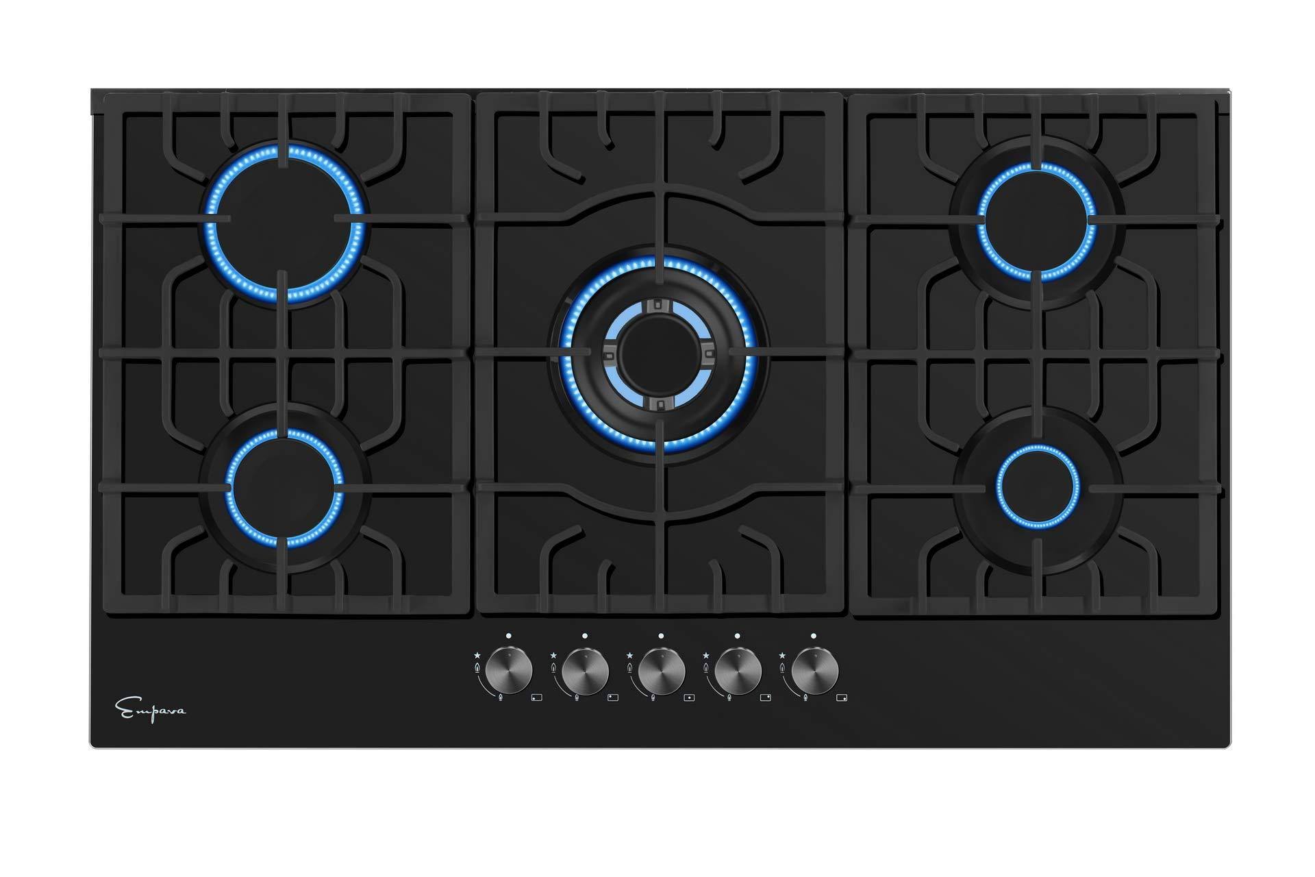 Empava 30 inch GAS Stove Cooktop 5 Italy Sabaf Sealed Burners NG/LPG Convertible in Black Tempered Glass