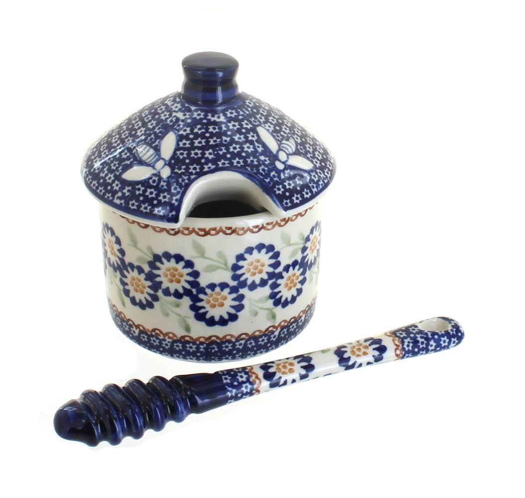Manufaktura Polish Pottery Peach Blossom Honey Pot u0026 Dipper, Blue
