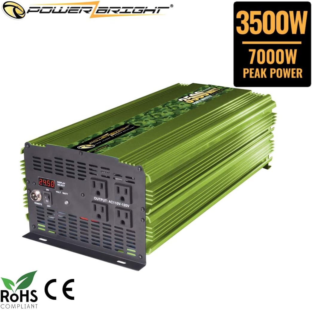 PowerBright 3500 Watt Power Inverter, DC 24V to 120V AC Car Inverter w/ Four AC Outlets, LCD Digital Display & Wireless Remote Control - CE Approved