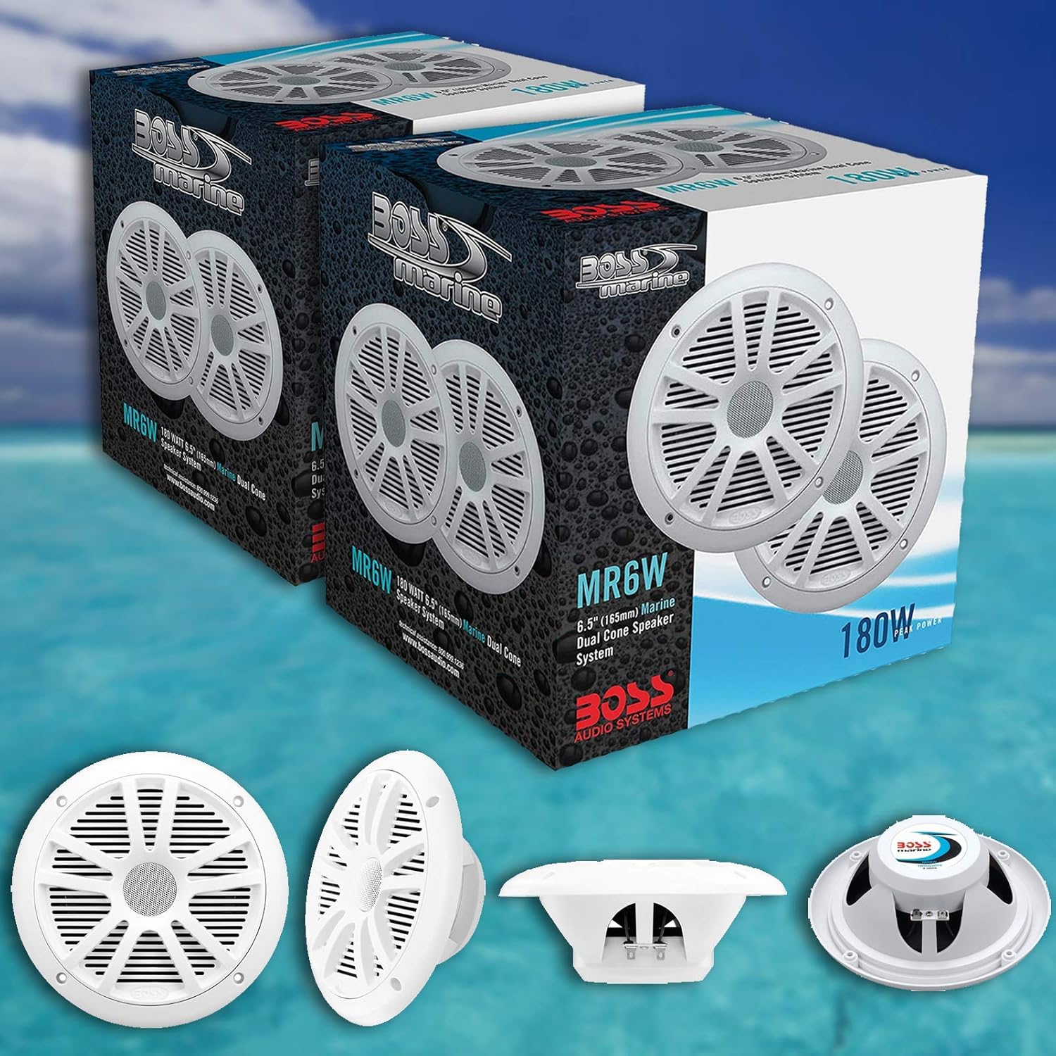 BOSS Audio Systems MR6W Marine Speakers Surround Sound 4-Pack, 180 Watt Per Pair, 6.5 Inch, Full Range, 2 Way Weatherproof Marine Speakers for Boat or Powersports Vehicles, Grilles Included