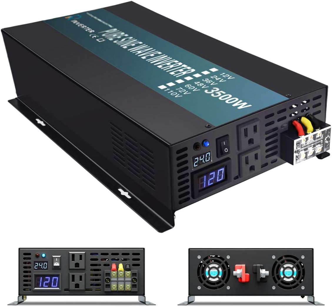 WZRELB Reliable 3500W Pure Sine Wave Solar Power Inverter 24V 110V 120V 60Hz Power Converter LED Display DC to AC Power Generator with Remote Controller Hardwire Terminal