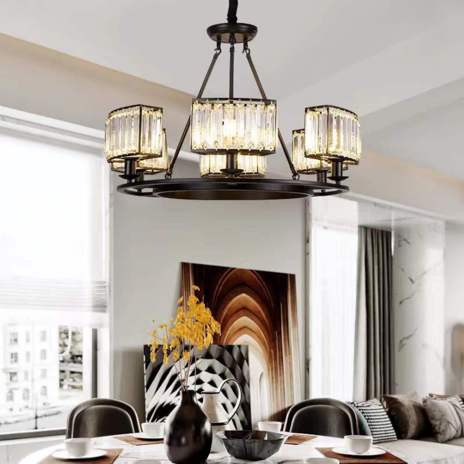 SILJOY Black Metal Round Crystal Chandelier Contemporary Luxury Pendant 6 Light Fixture Farmhouse Indoor for Cafe Dining Room Restaurant