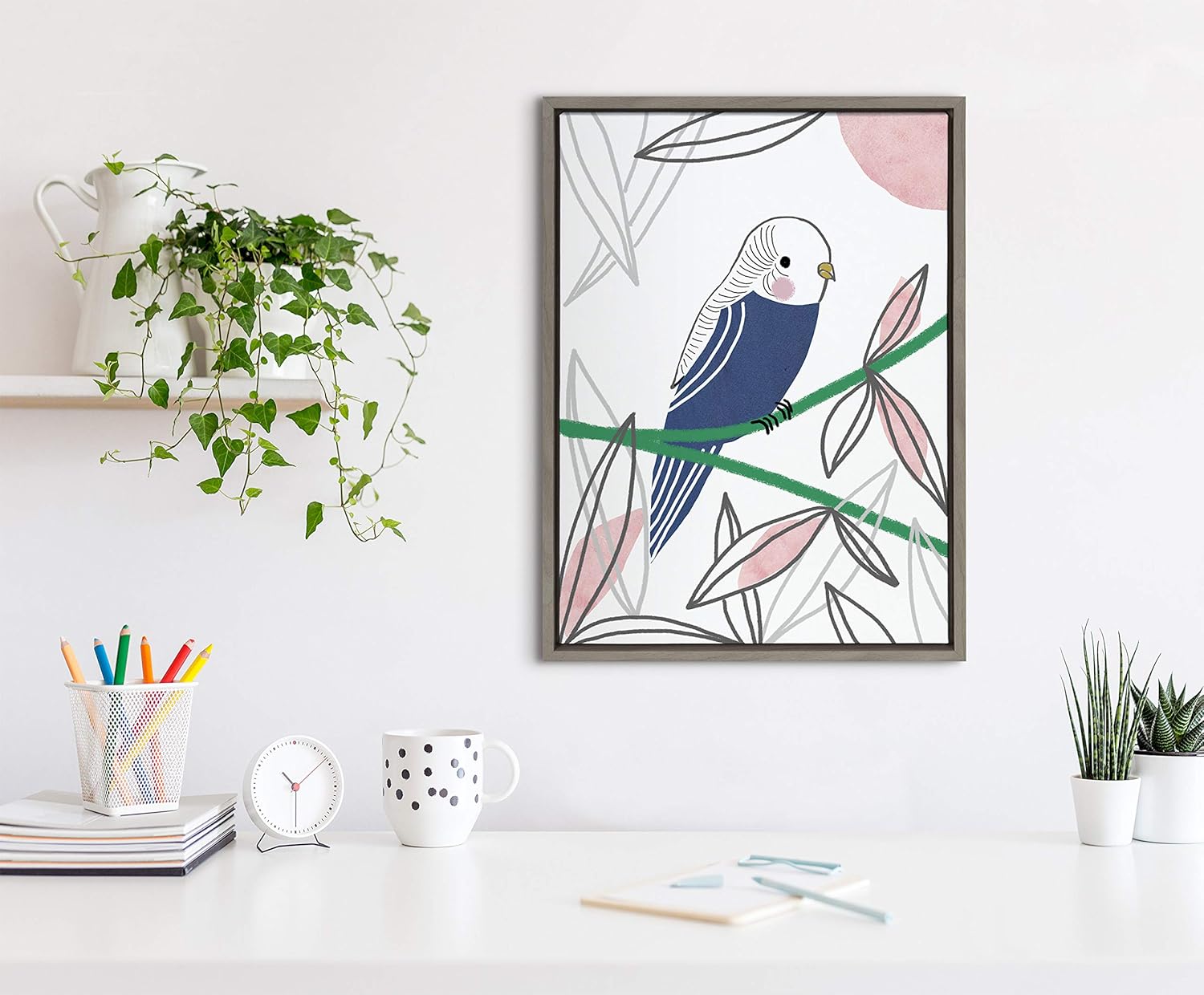 Kate and Laurel Sylvie Dreamy Parakeet Framed Canvas by Teju Reval of SnazzyHues, 18x24, Gray Pack of 2
