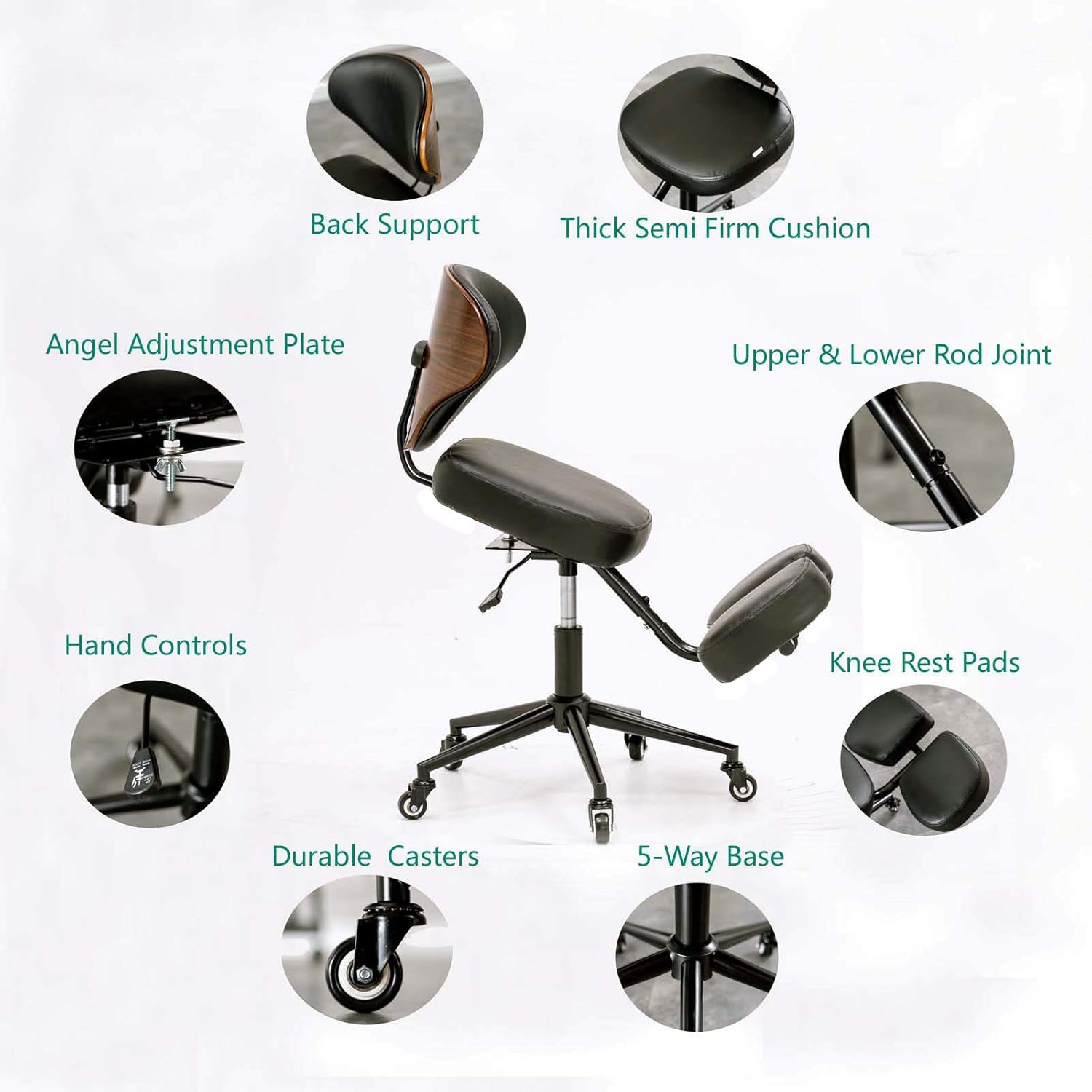 YOOMEMM Kneeling Chair,Ergonomic for Office with Wood Back Support,Walnut Finish,Height and Angle Adjustable to Reduce Back Pain,Upright Sitting Posture, Thick Comfortable Cushions, Black