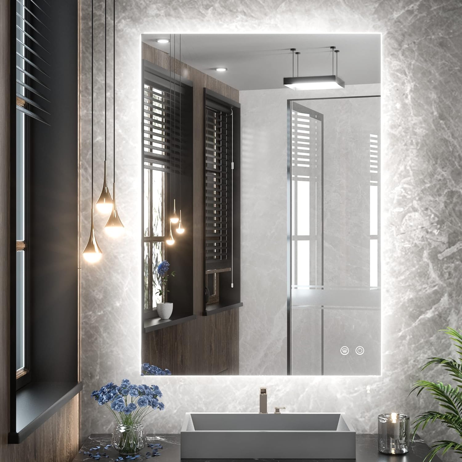 TETOTE 60 x 40 LED Backlit Bathroom Mirror with Light,3Color White/Warm/Natural,Anti-Fog Lighted Mirror,Dimmable,Vanity Mirror,Wall Mounted