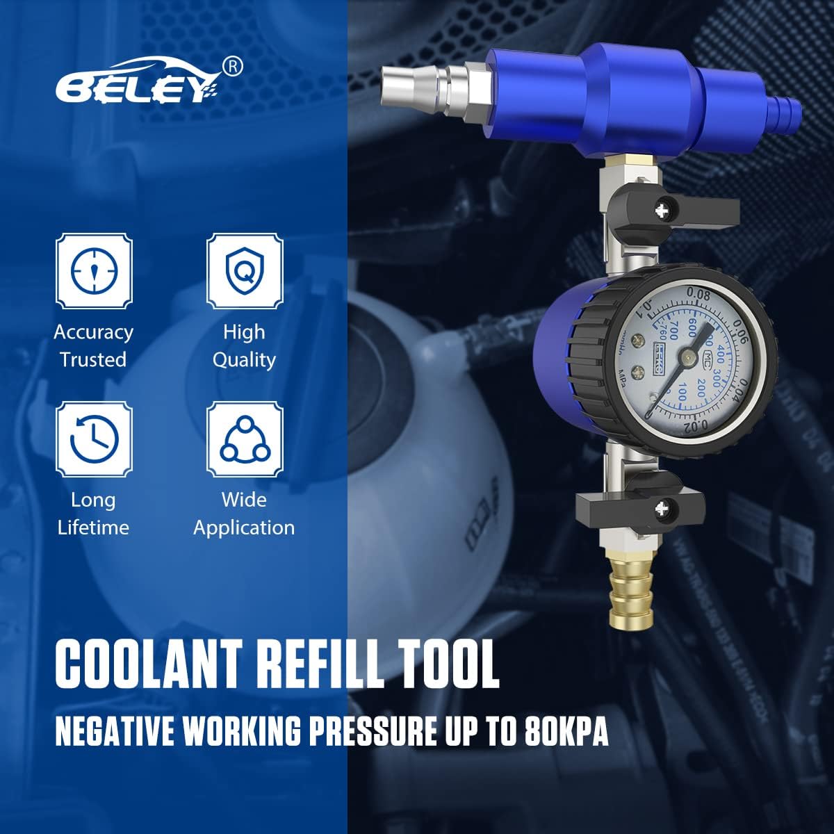 BELEY Cooling System Refill Tool - Coolant Vacuum Pressure Tester Filling Kit with American & European Air Connector - Up to 80 kpa Working Pressure