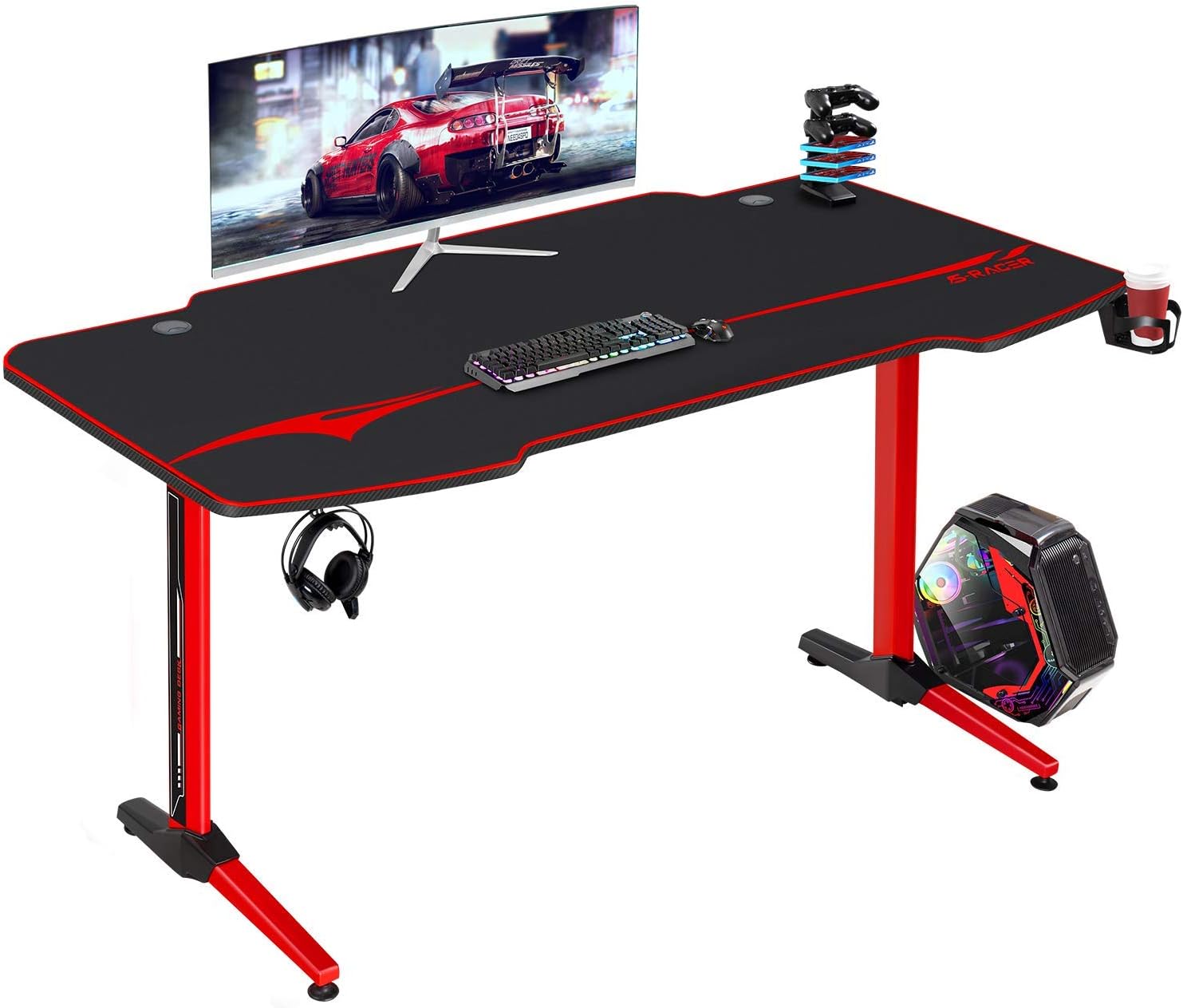 Furniwell 55 Inch Gaming Desk Racing Computer Desk Game Table Gamer Workstation Home Office Table T-Shaped with Free Mouse Pad,Gaming Handle Rack, Cup Holder and Headphone Hook (55 Inch)
