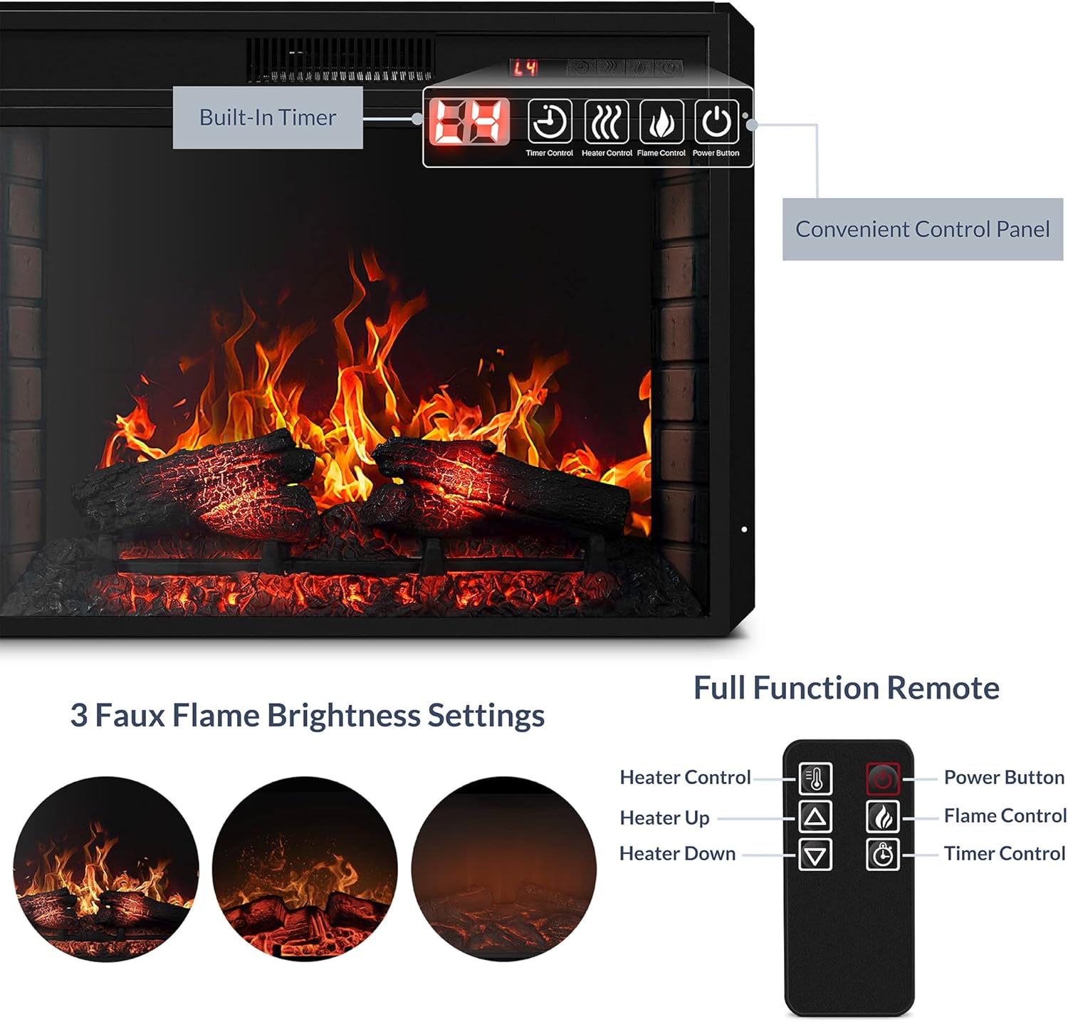 BELLEZE 28 Inch 1400W Electric Fireplace Insert, Stove Heater for TV Stand with Recessed Mounted Flame, LED Logs, Remote Control, Safety Protection - Black