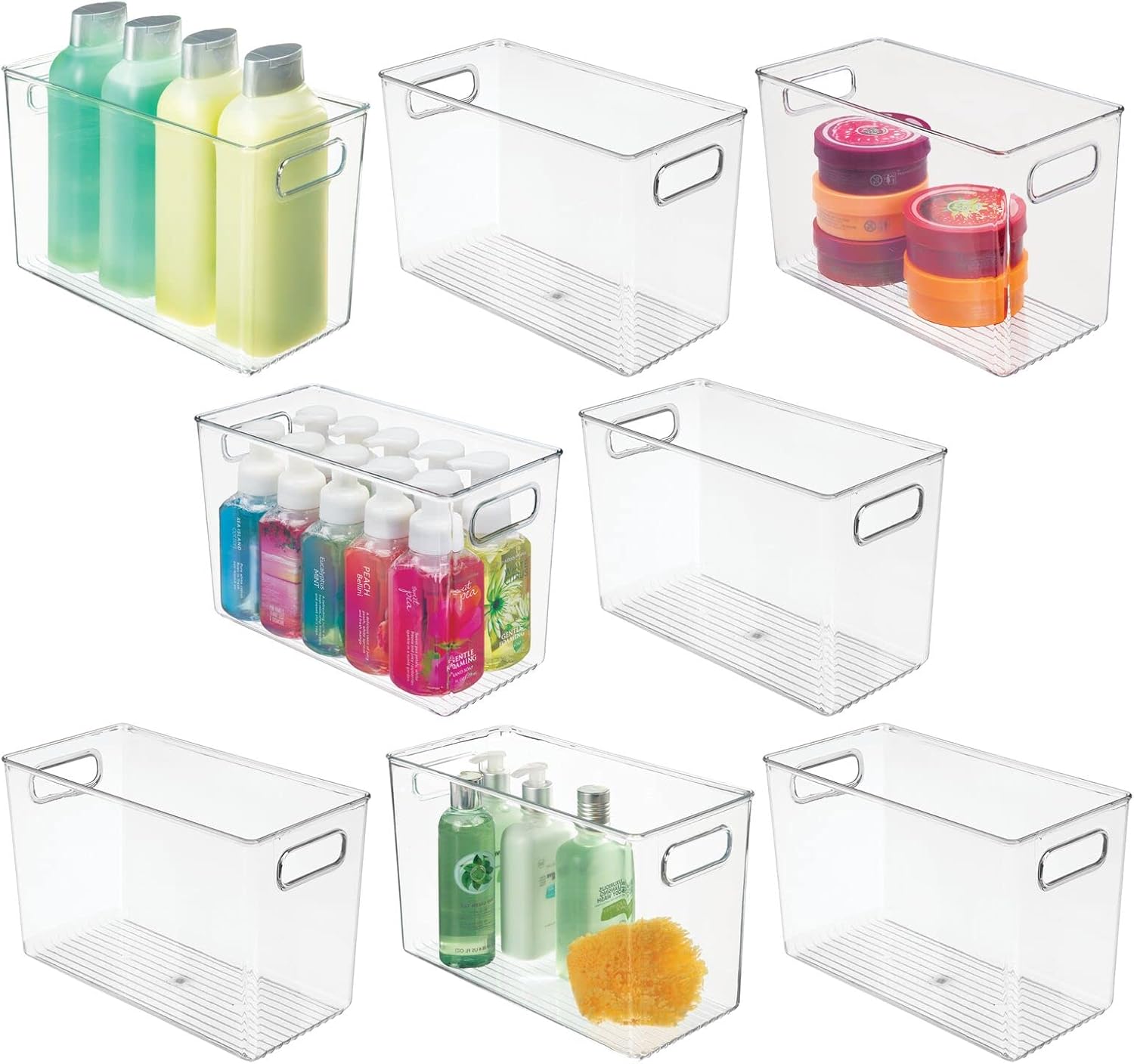 mDesign Large Modern Stackable Plastic Storage Organizer Bin Basket with Handle for Bathroom Vanity Organization - Shelf, Cubby, Cabinet, and Closet Organizing Decor - Ligne Collection, 8 Pack - Clear