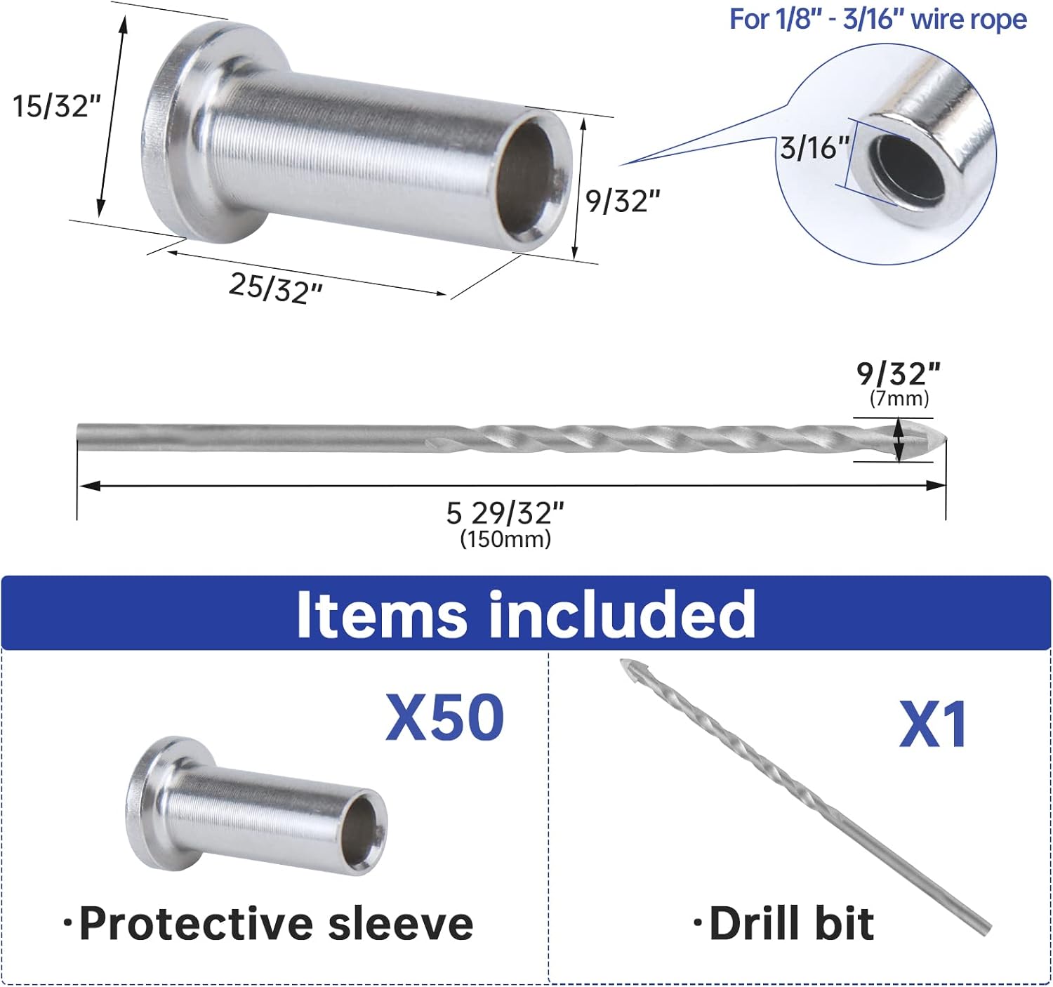 Muzata 50Pack Cable Railing Kit Protective Protector Sleeves Grommet for 1/8