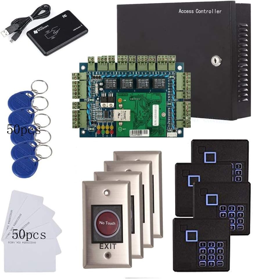 4 Doors Security Access Control Systems with RFID Keypad Reader+Infrared Exit Button+Metal Case 110V-240V Power Box+USB Enroll Reader+RFID Cards/Key Fobs TCP/IP Based Phone APP remotely Open Door