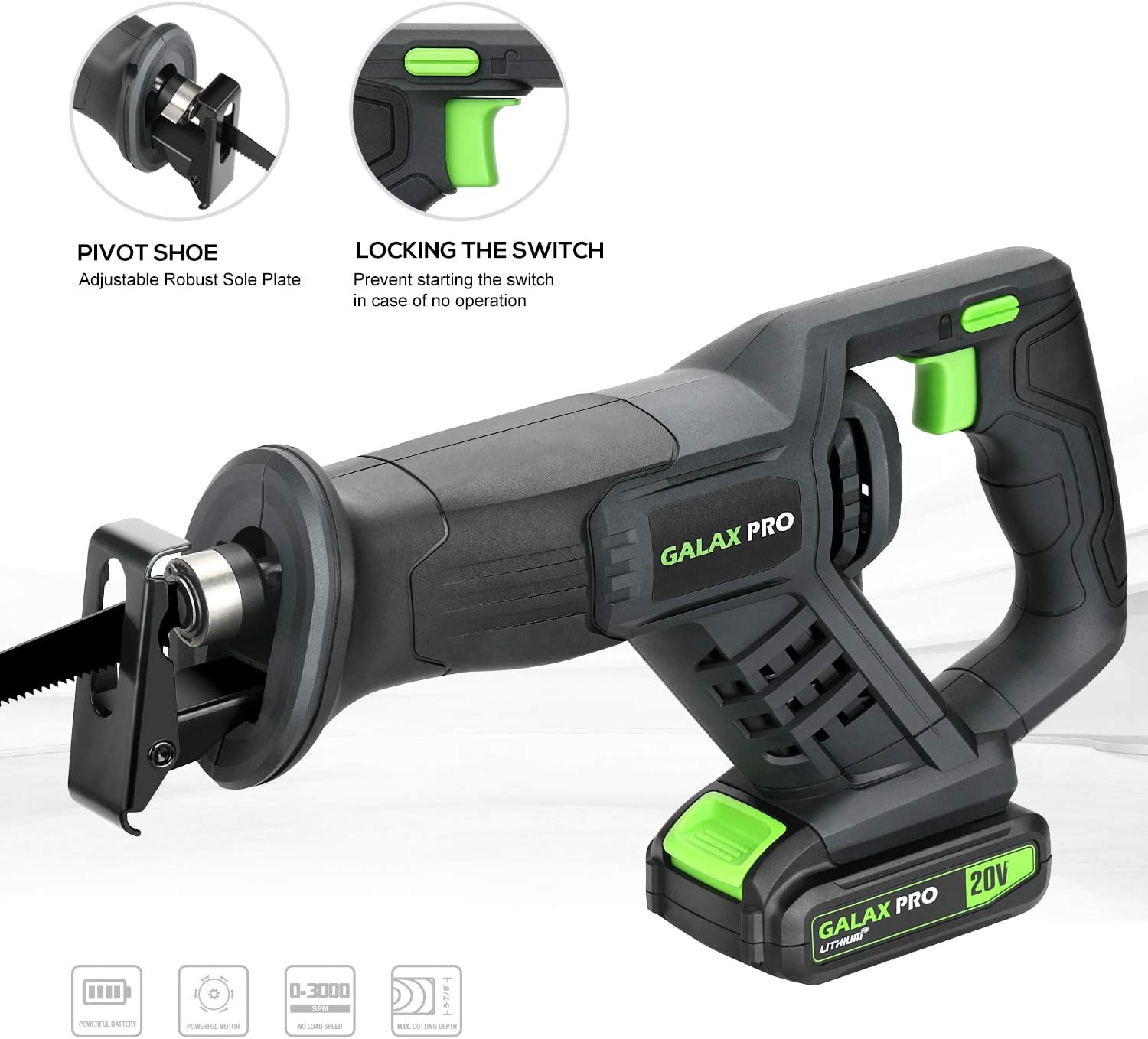 GALAX PRO 20 V Max Cordless Combo Kit, 20 N.m Impact Drill Driver, Reciprocating Saw 0-3000 SPM, 1.3 Ah Li-ion Battery Pack with Charger and 7 Pieces blades