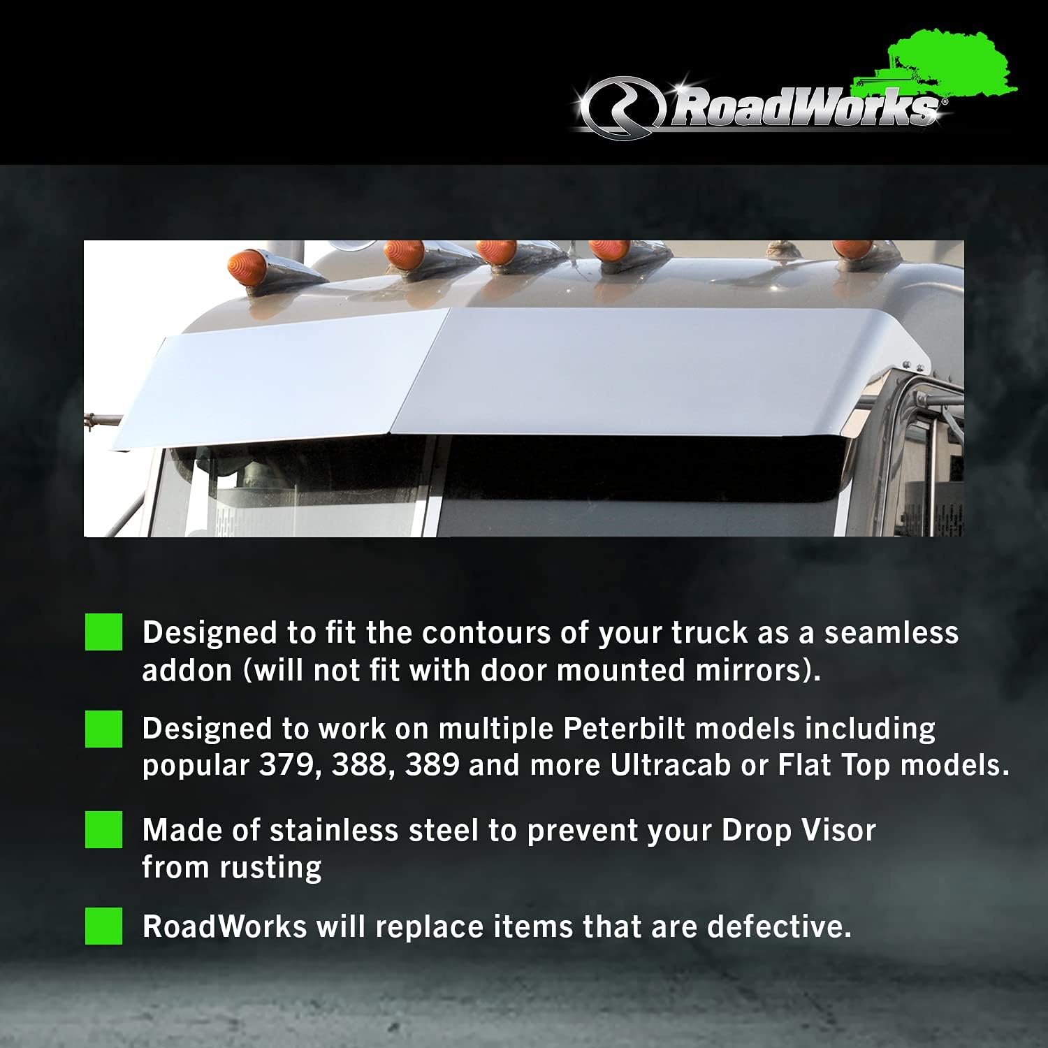 RoadWorks 35065 Stainless Steel 14&rdquo; Blind Mount Drop Visor for 1987-2020 Peterbilt Legacy Style Cab, White