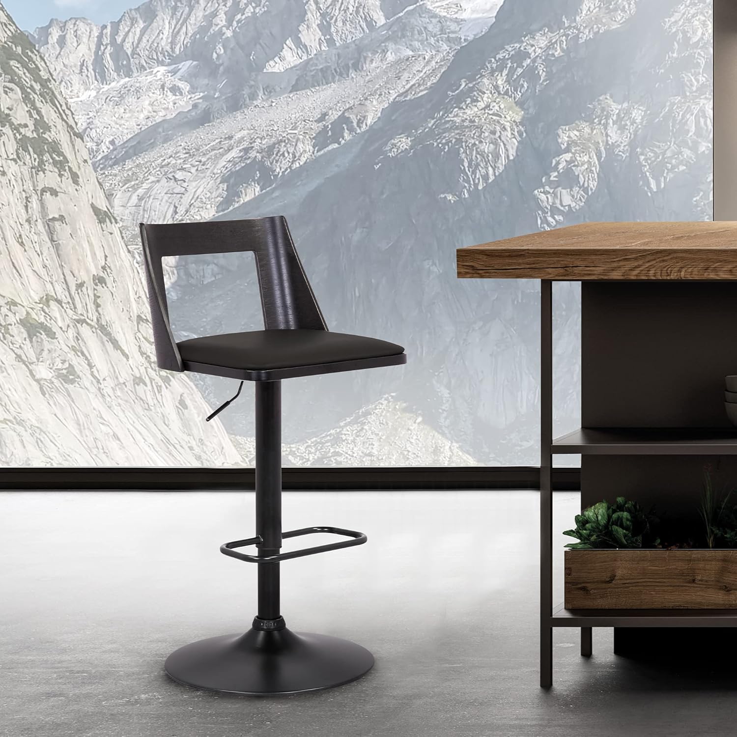 Armen Living Milan Adjustable Height Swivel Black Faux Leather and Black Wood Bar Stool with Black Base