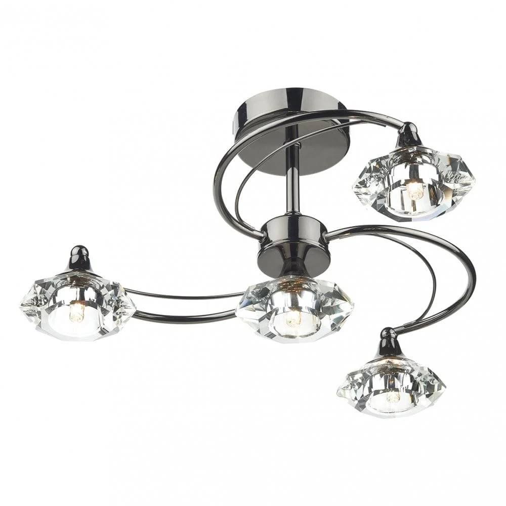 Dar Luther 4 Light Semi Flush Complete with Crystal Glass Black Chrome