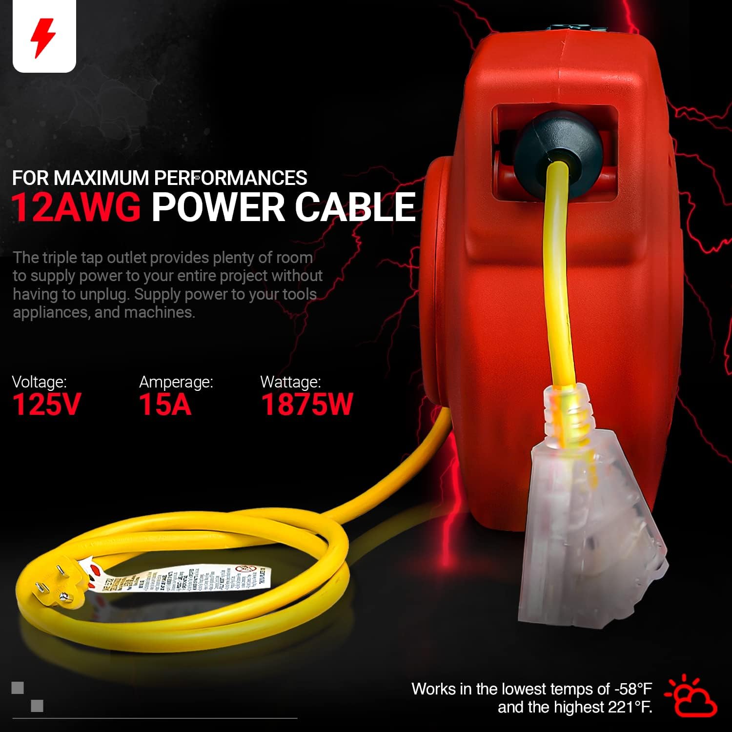 ReelWorks Extension Cord Reel Retractable Longest Industrial 12awg x 80' Foot Commercial Premium Grade Ultra Flexible 3C/SJTOW Glow Strip Cable and Led Light Up Triple Tap Connector Use Indoor/Outdoor