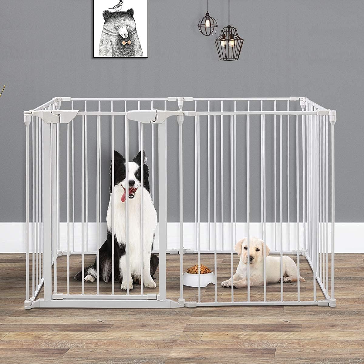JAXPETY 132-Inch Wide Configurable Pet Gate, Guard Adjustable 6-Panel Metal Play Yard, Fireplace Safety Fence Gate for Toddler, Pet, Dog, Christmas Tree, White
