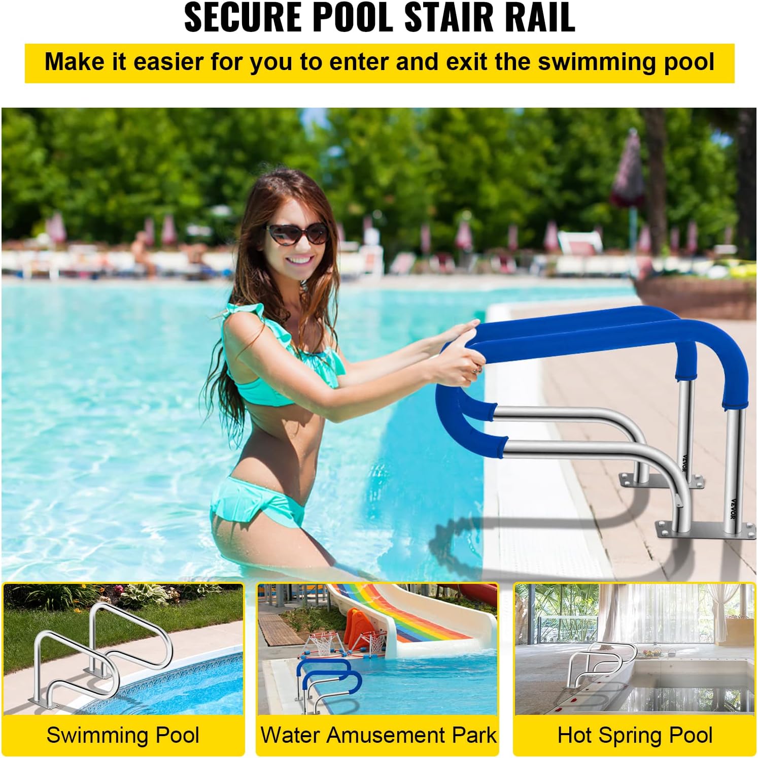 VEVOR Pool Handrail, 32 x 22.5 Swimming Pool Stair Rail, 304 Stainless Steel Stair Pool Hand Rail Rated 375lbs Load Capacity, Pool Rail with Quick Mount Base Plate, and Complete Mounting Accessories