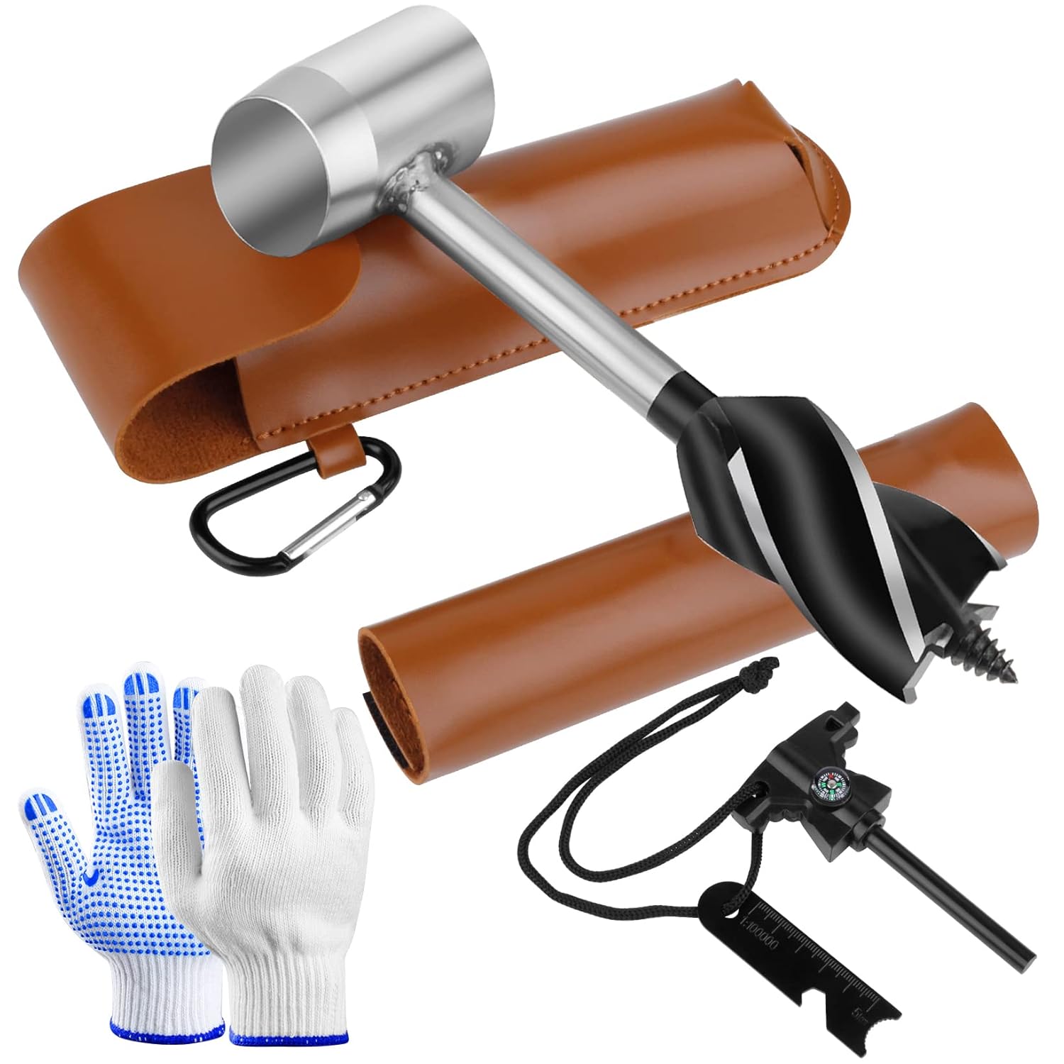 Weraher Survival Settlers Tool for Bushcraft Hand Auger Wrench，Bushcraft Gear,Scotch Eye Wood Drill Bit and Fire Starter with Compass, Whistle and Working Gloves for Outdoor Backpacking,Camping (Silver)