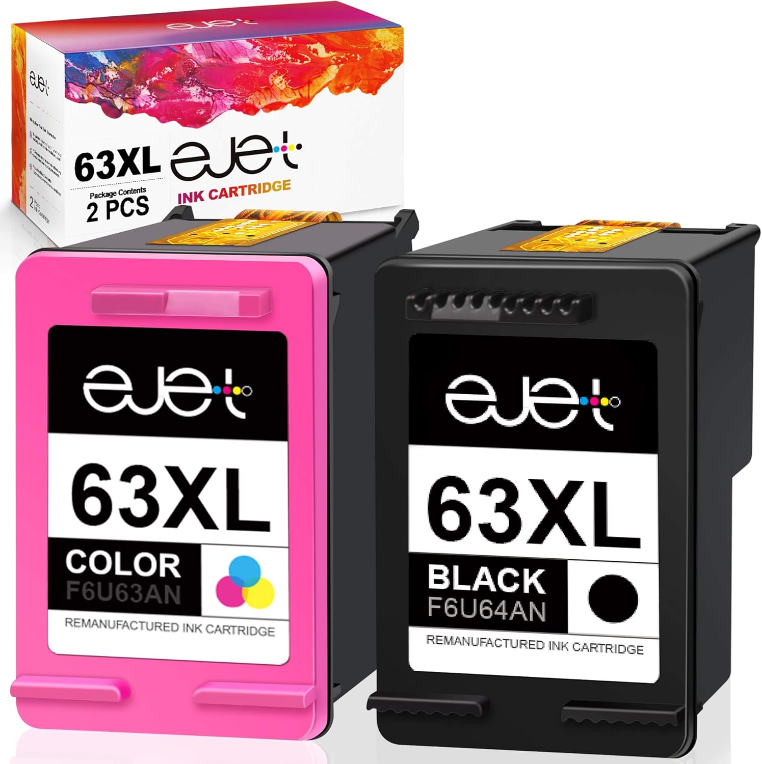 ejet Remanufactured Ink Cartridge Replacement for HP 63 Ink 63XL Compatible with OfficeJet 3830 5255 5258 Envy 4520 4512 4513 4516 DeskJet 1112 1110 3630 3632 3634 2130 2132 Printer(1 Black, 1 Color) Pack of 2