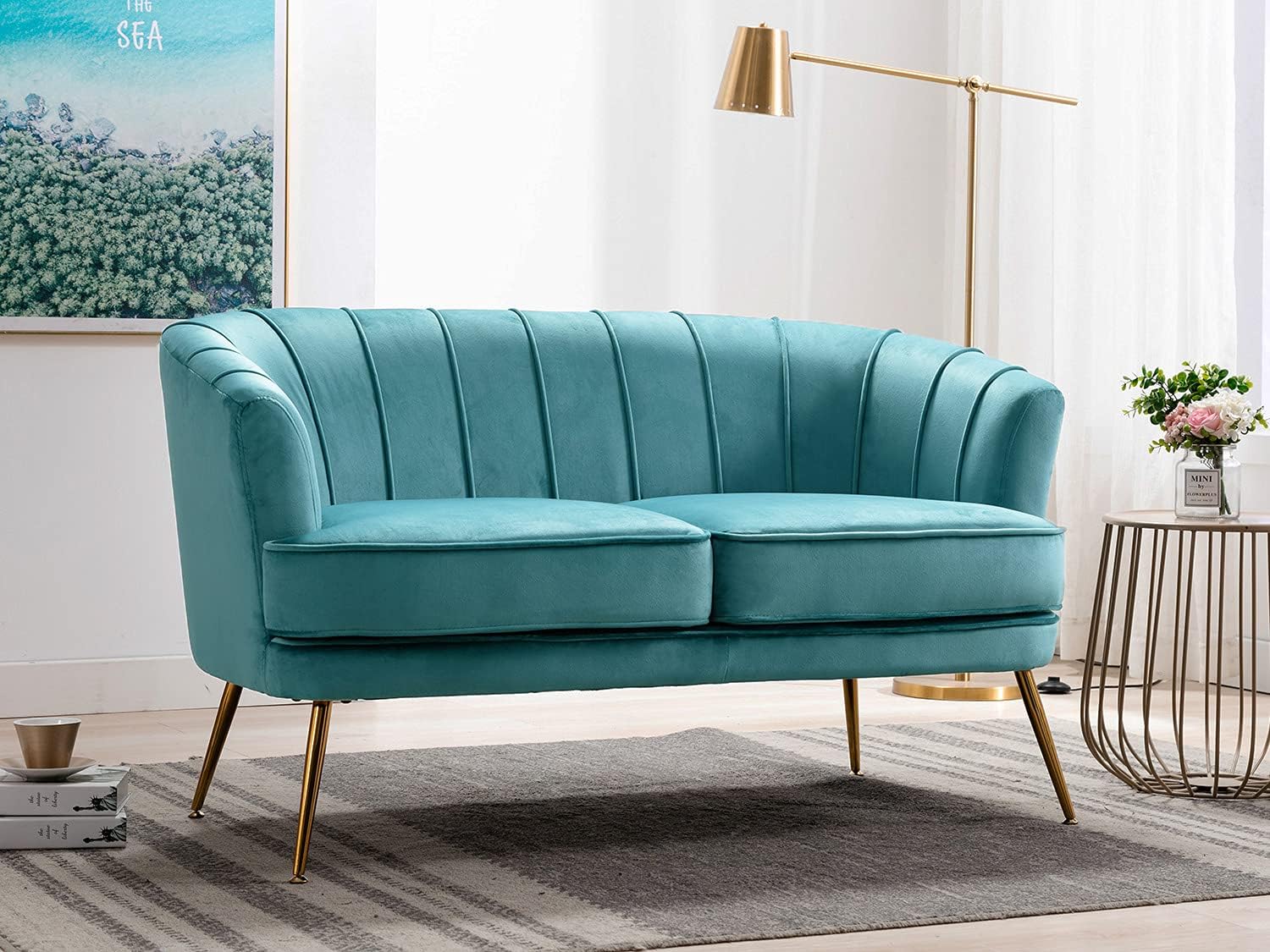 Altrobene Velvet Accent Chair Modern Channel Tufted Armchair Comfy Barrel Chair with Gold Legs for Living Room, Bedroom, Office, Light Blue