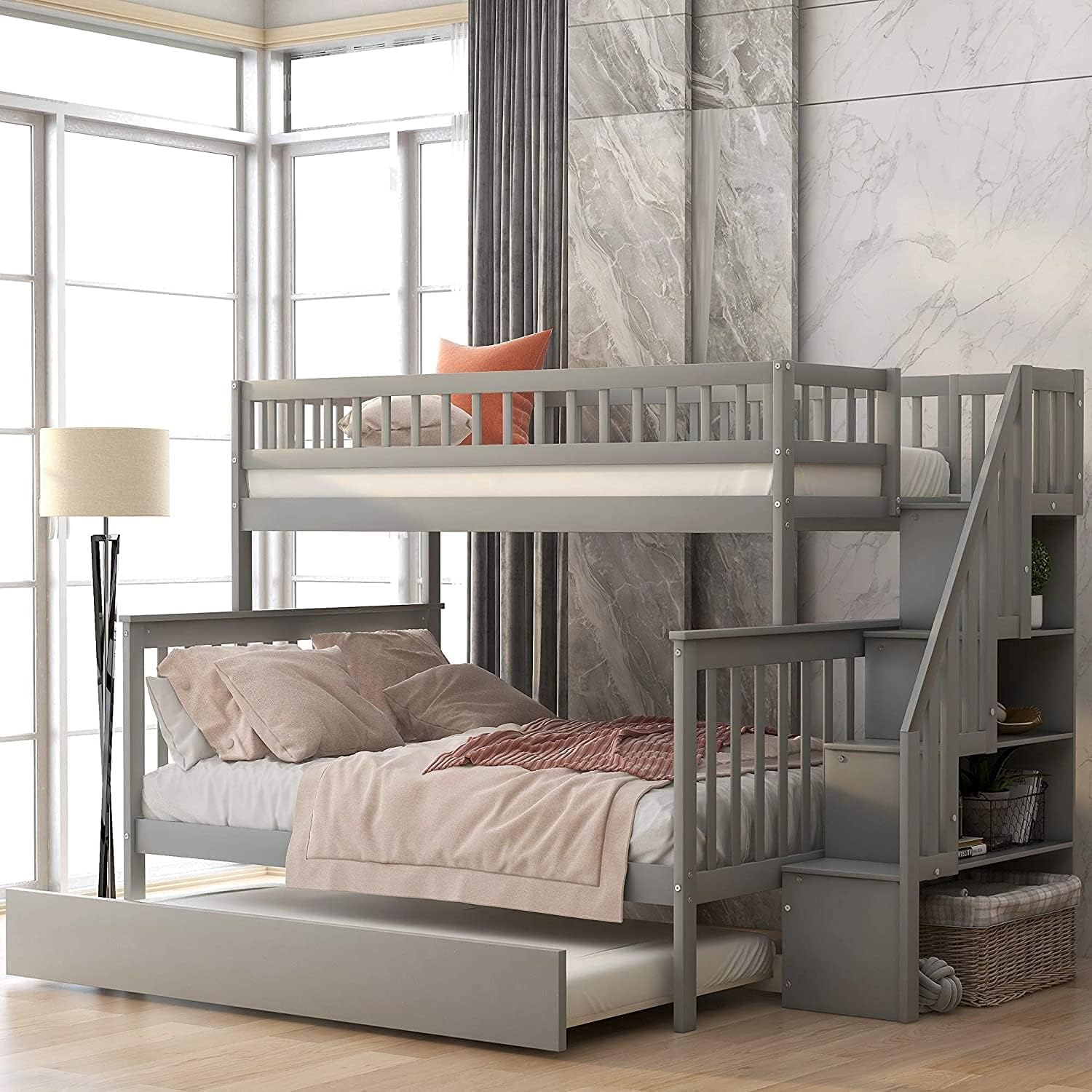 GAOPAN Space-Saving Twin Over Twin Over Twin Size Triple Bunk Bed Frame Bedframe with Ladder and Guardrail, Gray