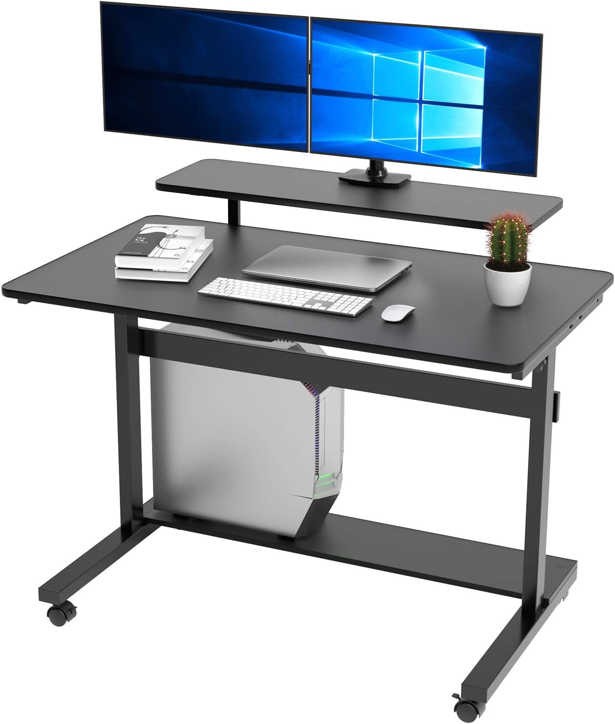 DESIGNA Height Adjustable Stand Up Computer Desk, Mobile Standing Desk Rolling Sit Stand Work Station for Home Office with Wheels CPU Stand Monitor Shelf & Detachable Hutch (41