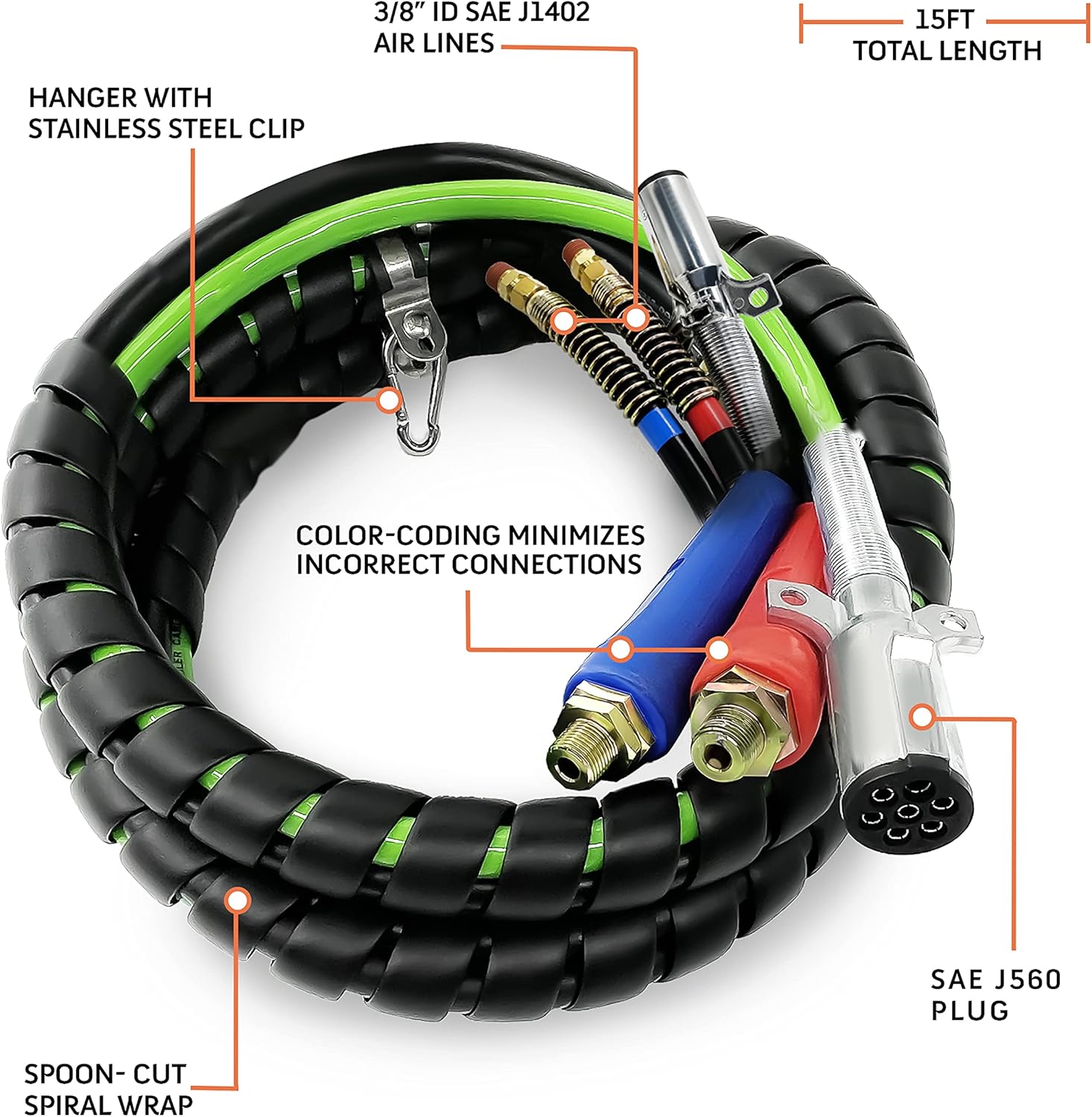 TORQUE 15ft 3 in 1 ABS & Power Air Line Hose Wrap 7 Way Electrical Cable with Handle Grip for Semi Truck Trailer Tractor (TR813215)