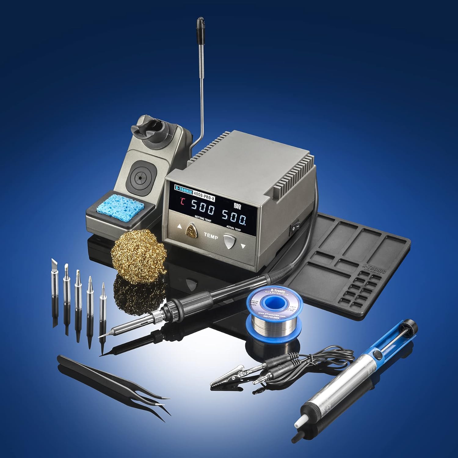X-Tronic 4008-PRO-X &bull; 75 Watt Soldering Iron Station w/ PID Technology &bull; Features: 0-30 Minute Sleep Timer, &deg;C/&deg;F Conversion, and a Mute/Unmute Func! &bull; Accesories: 5 Extra Tips, 60/40 Solder, and More