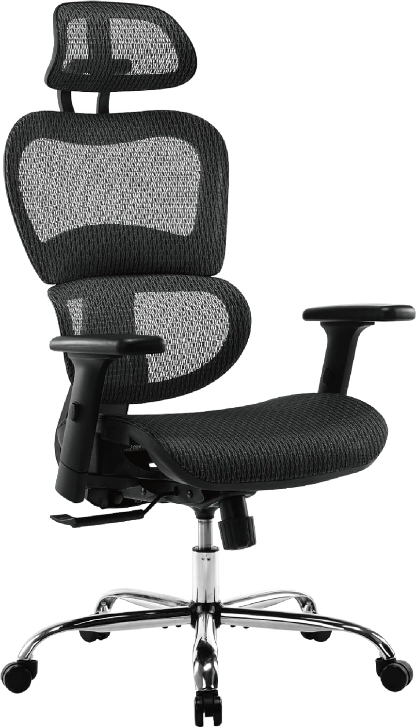 Ergonomic Office Chair, High Back Mesh Desk Chair Computer Swive Chair with Lumbar Support and 3D Adjustable Headrest Armrests Rolling Task Chair for Conference Home Office (Gray)