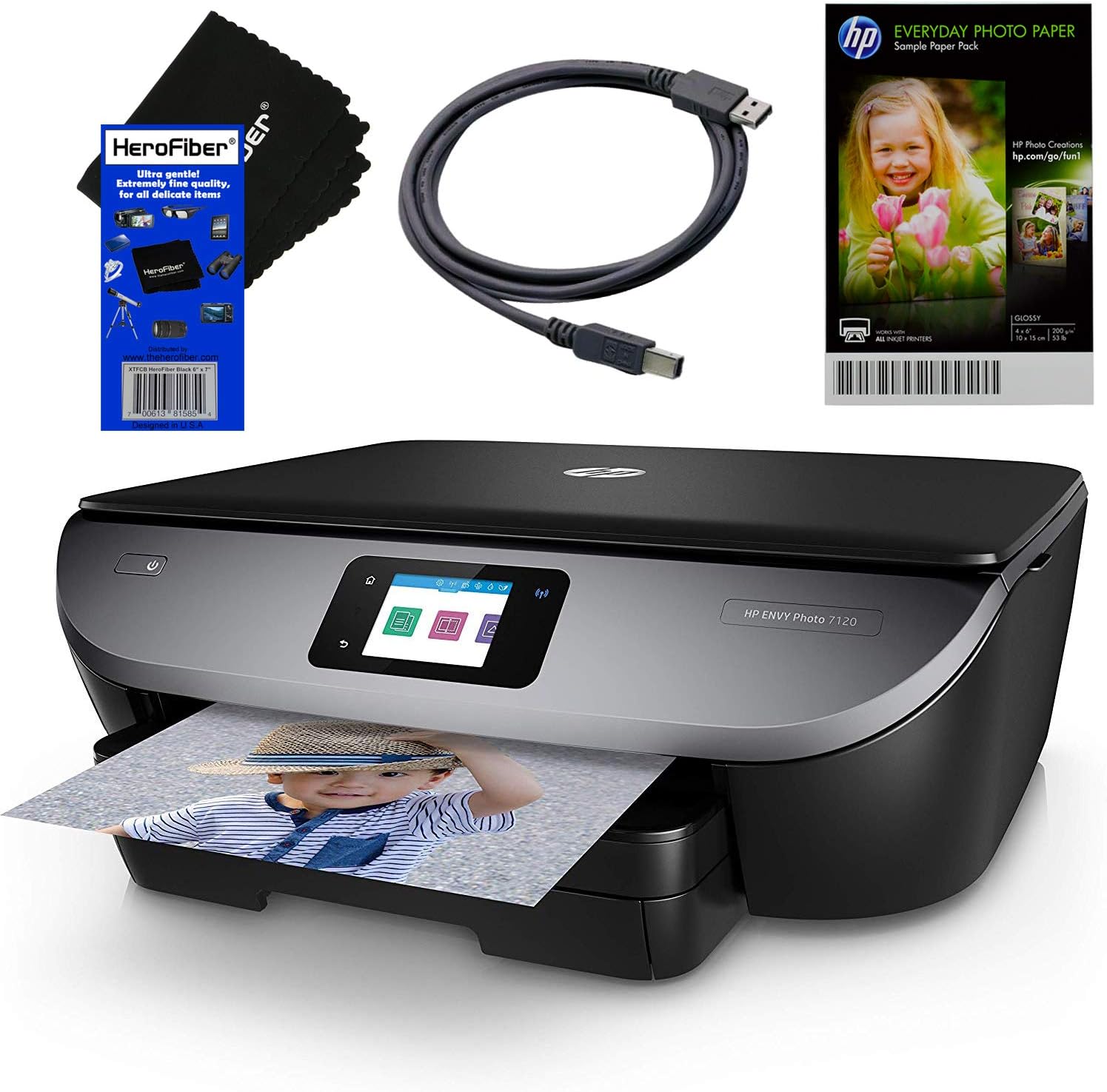 HP Photo Printer All-in-One Wireless Envy 7120 with Scanner & Copier + Ink Cartridges & Optional Instant Ink Subscription + USB Cable, Sample Photo Paper Pack & HeroFiber