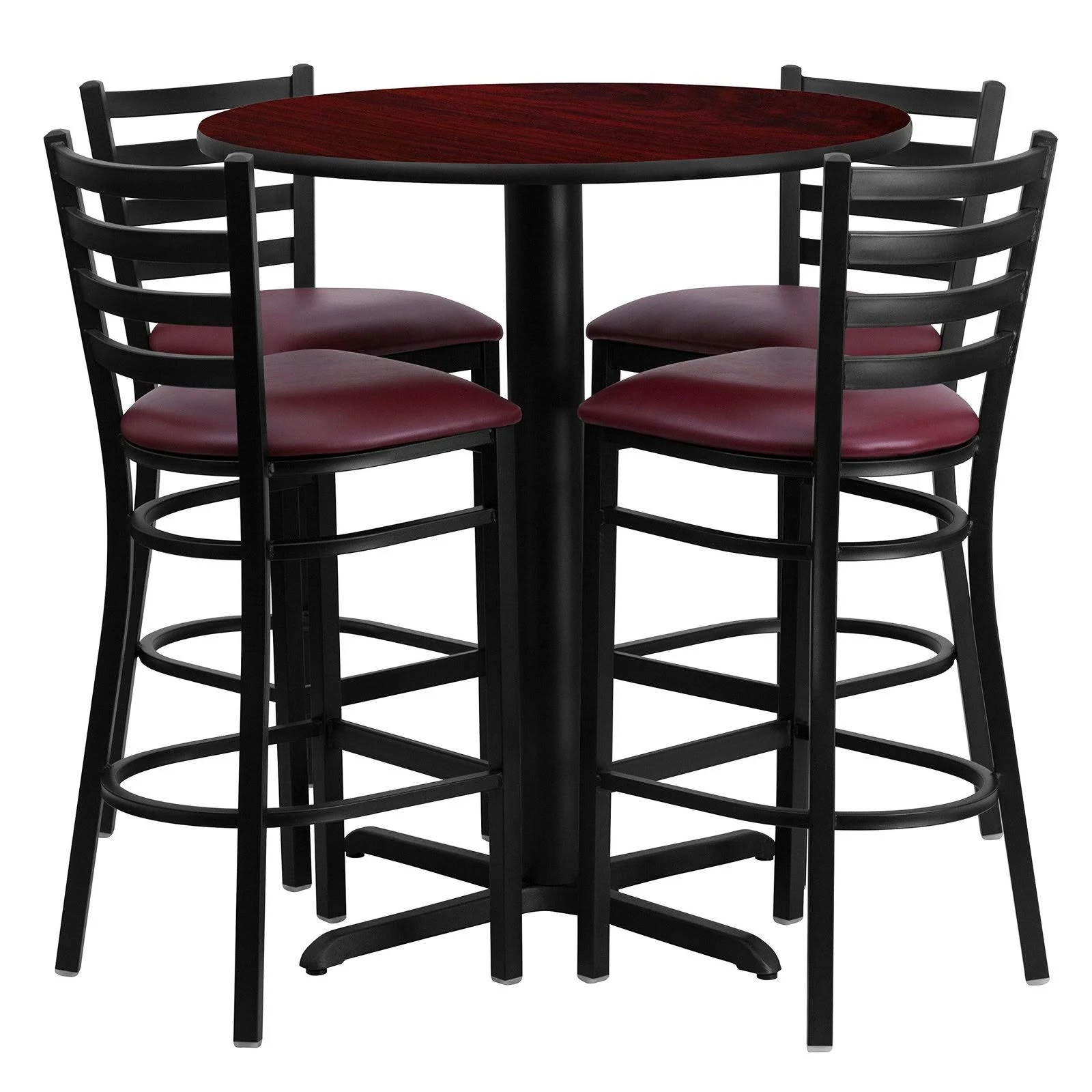 Flash Furniture 30x22 Round Mahogany Laminate Table Set with 4 Ladder Back Metal Bar Stools-Burgundy Vinyl Seat