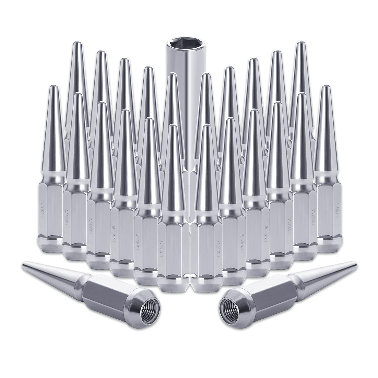Lichamp 24pcs M14x1.5 Spike Lug Nuts for Trucks, Partial Compatible with Chevy Silverado 1500 Tahoe, Ford F150 Expedition and Dodge Ram 1500, Chrome Hex Turner with Cone Seat Pack of 2