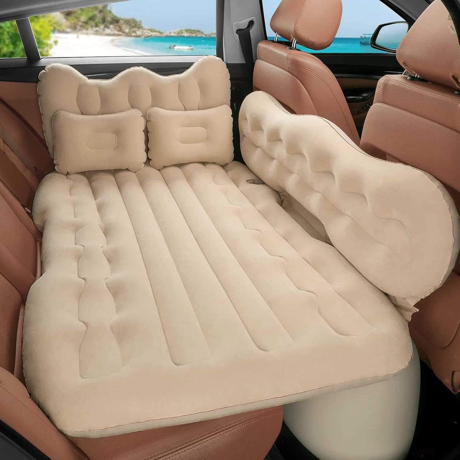 SINYWON Car Air Mattress Inflatable Bed for Car, Backseat Car Air Mattress Sleeping, SUV Camping Luxury Upgrade Side File with Air Pump fits SUV/Sedan/Minivan &ndash; Beige