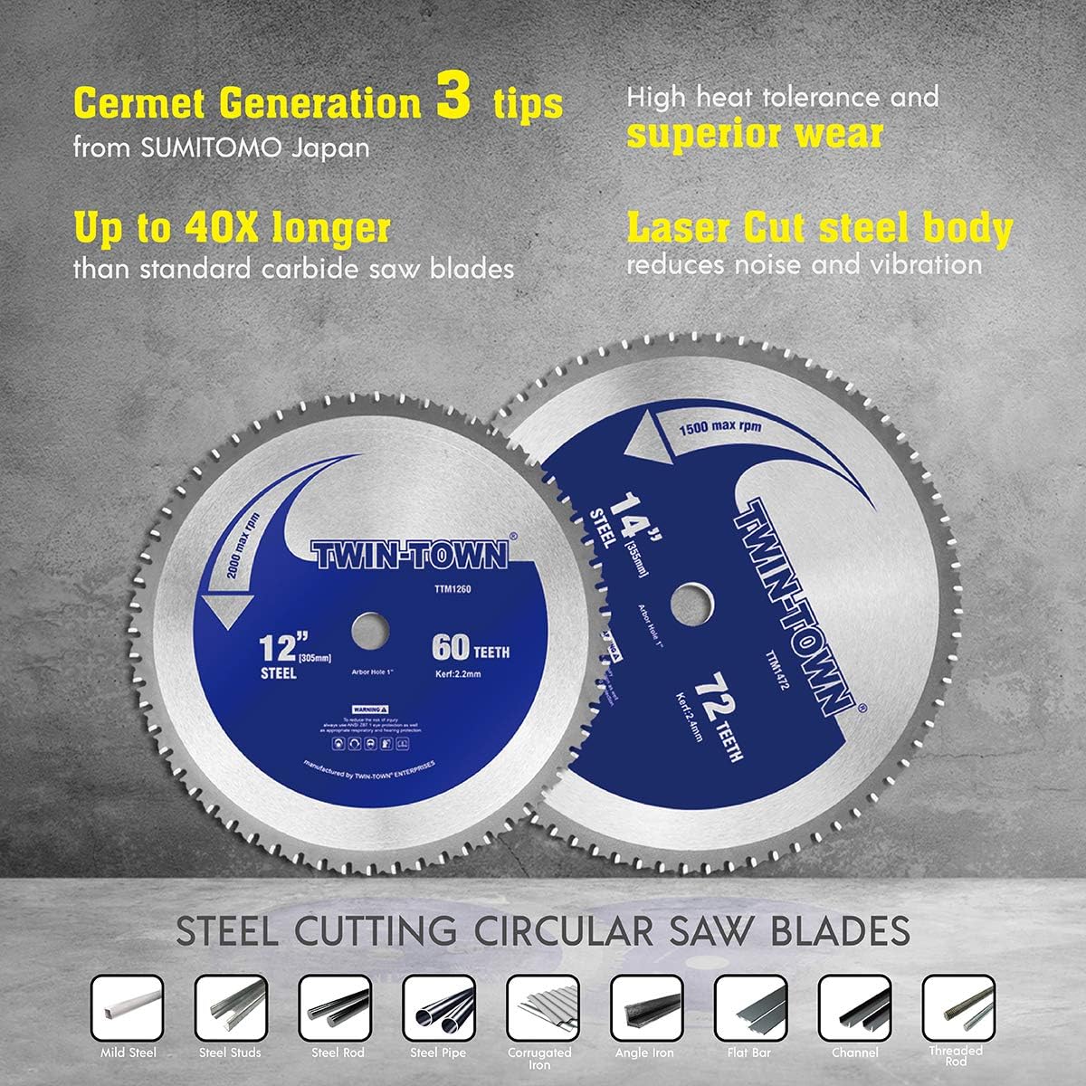 TWIN-TOWN 14-Inch 72 Teeth Dry Cut Steel and Ferrous Metal Saw Blade with 1-Inch Arbor Pack of 2