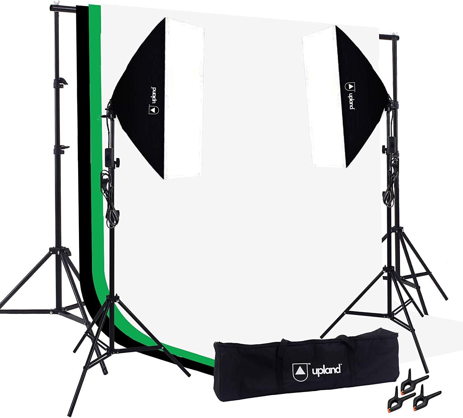 Upland Softbox Lighting Kit for Photo, Photography and Video Studio, 2 Softbox (20x28) + Backdrop Support Stand (6.6x10FT) + 3 Backdrops (6x9.2FT)