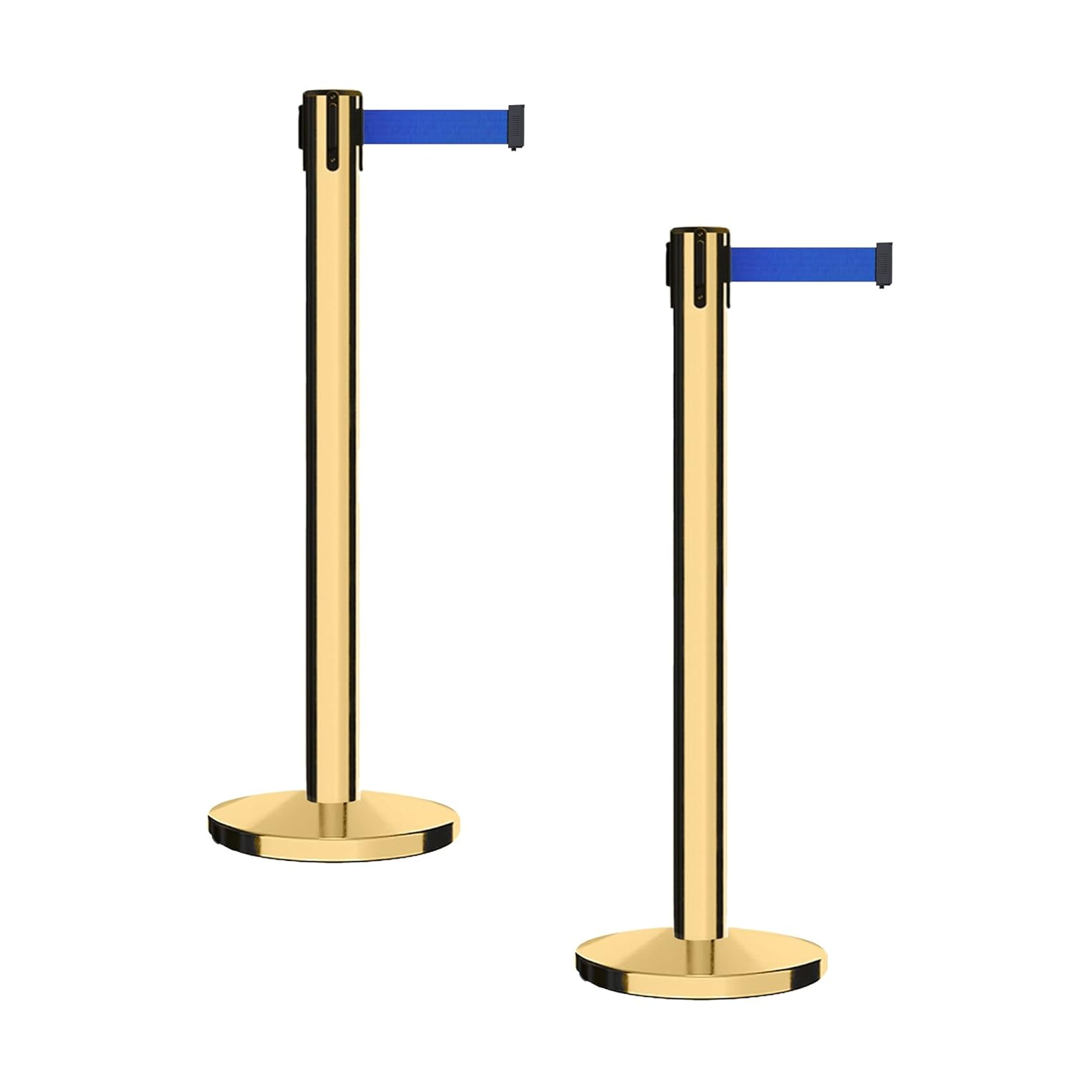 CCW Set of 2 Retractable Belt Barrier Stanchion, Cast Iron Base Yellow Post, IRBB-150 (16 Foot Belt, Black and Yellow Diagonal Belt)