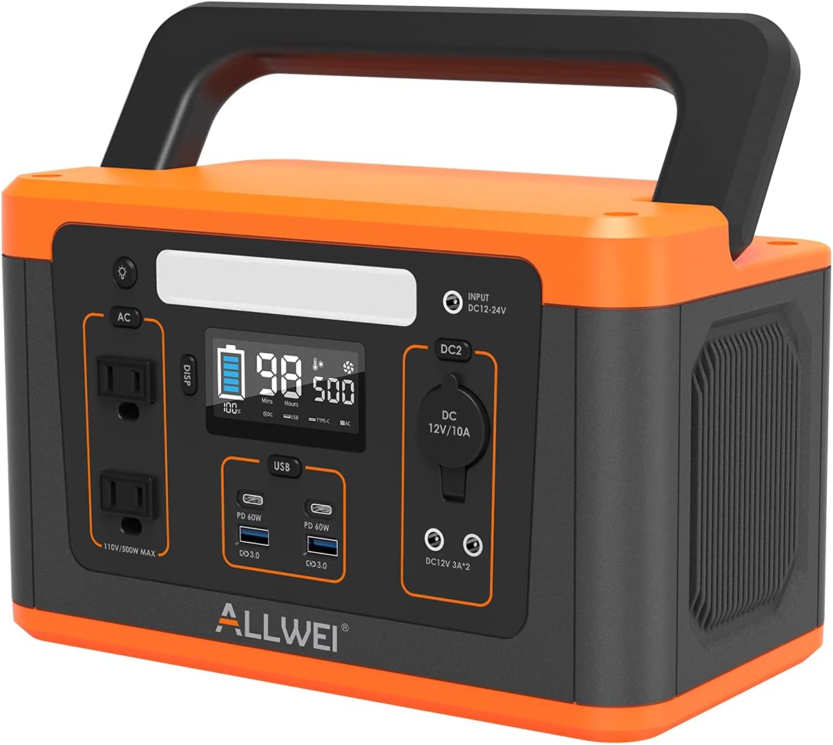 ALLWEI Portable Power Station, 560Wh Backup Lithium Battery, Regulated DC for mini Cooler, USB-C PD60W, 500W Pure Sine Wave AC Outlet Solar Power Generator for Outdoors Camping Travel Emergency