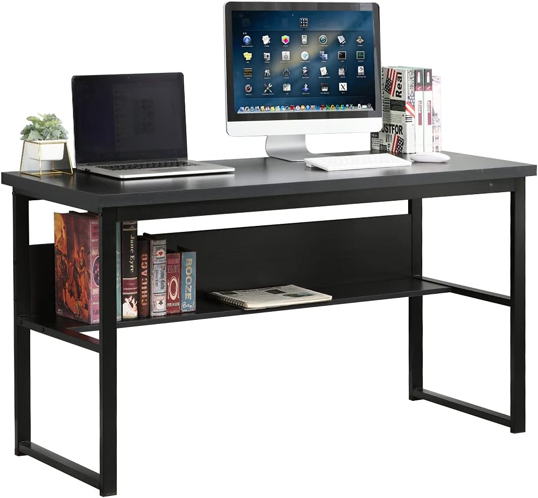 Soges 54.7 inches Computer Desk Office Table Study Writing Desk with Bookshelf Storage Desk Home Office Desk Black LD-JB-01BW
