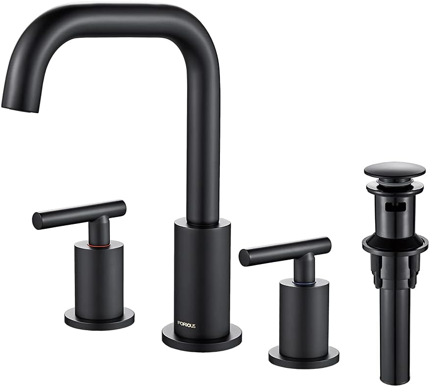 FORIOUS Matte Black Bathroom Faucet, 2 Handle 8 Inch Widespread Bathroom Faucet 3 Hole, Black Bathroom Sink Faucet with cUPC Water Supply Lines and Pop Up Drain
