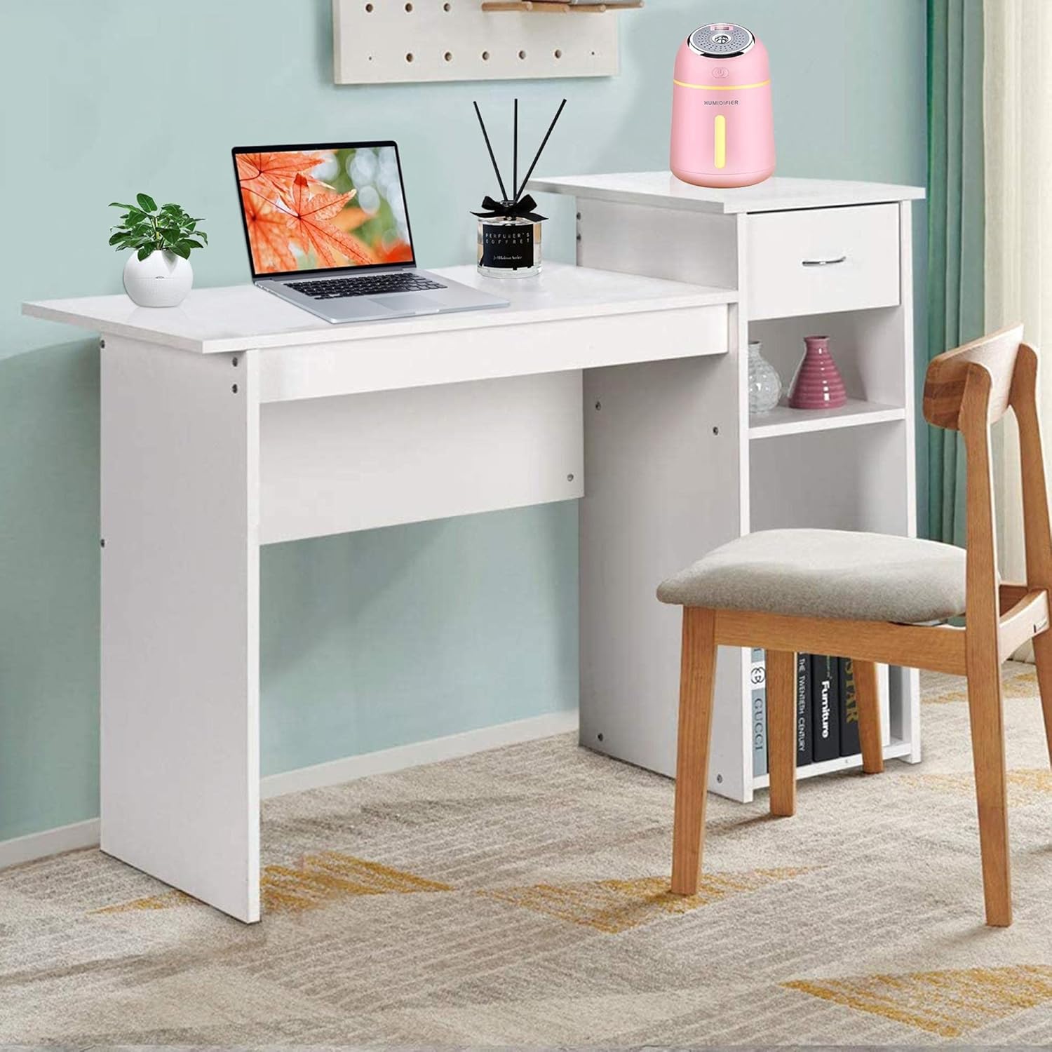 Compact Office Home Computer Desk: 43-inches Study Writing Learning Desk with Drawers & Shelves for Small Space Furniture| Laptop Table| Workstation for Living Room Bedroom|Modern Simple (White)
