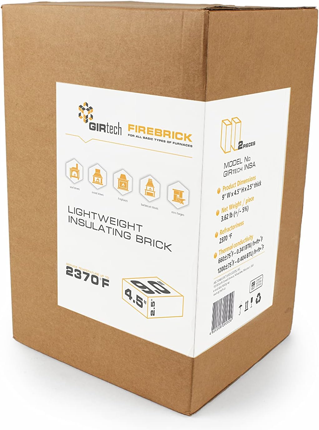 GIRtech INSA-2 Insulation Fire Brick, 2-Pack, for Kilns, Forges, Metal Clay Firing, Jewelry Soldering, 2370 &deg;F Rated
