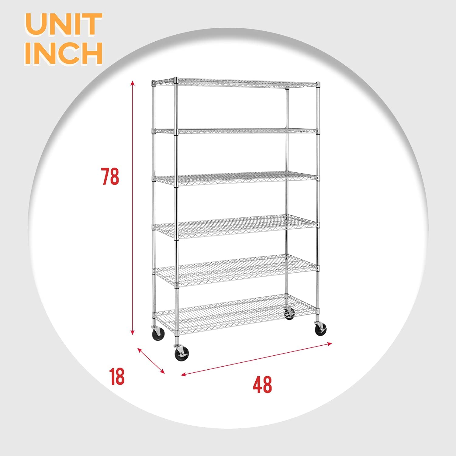 NSF Wire Shelving Unit 6-Shelf Large Storage Shelves Heavy Duty Metal Wire Rack Shelving Height Adjustable Commercial Grade Utility Steel Storage Rack on 4” Casters 6000LB Capacity-18x48x76,Black
