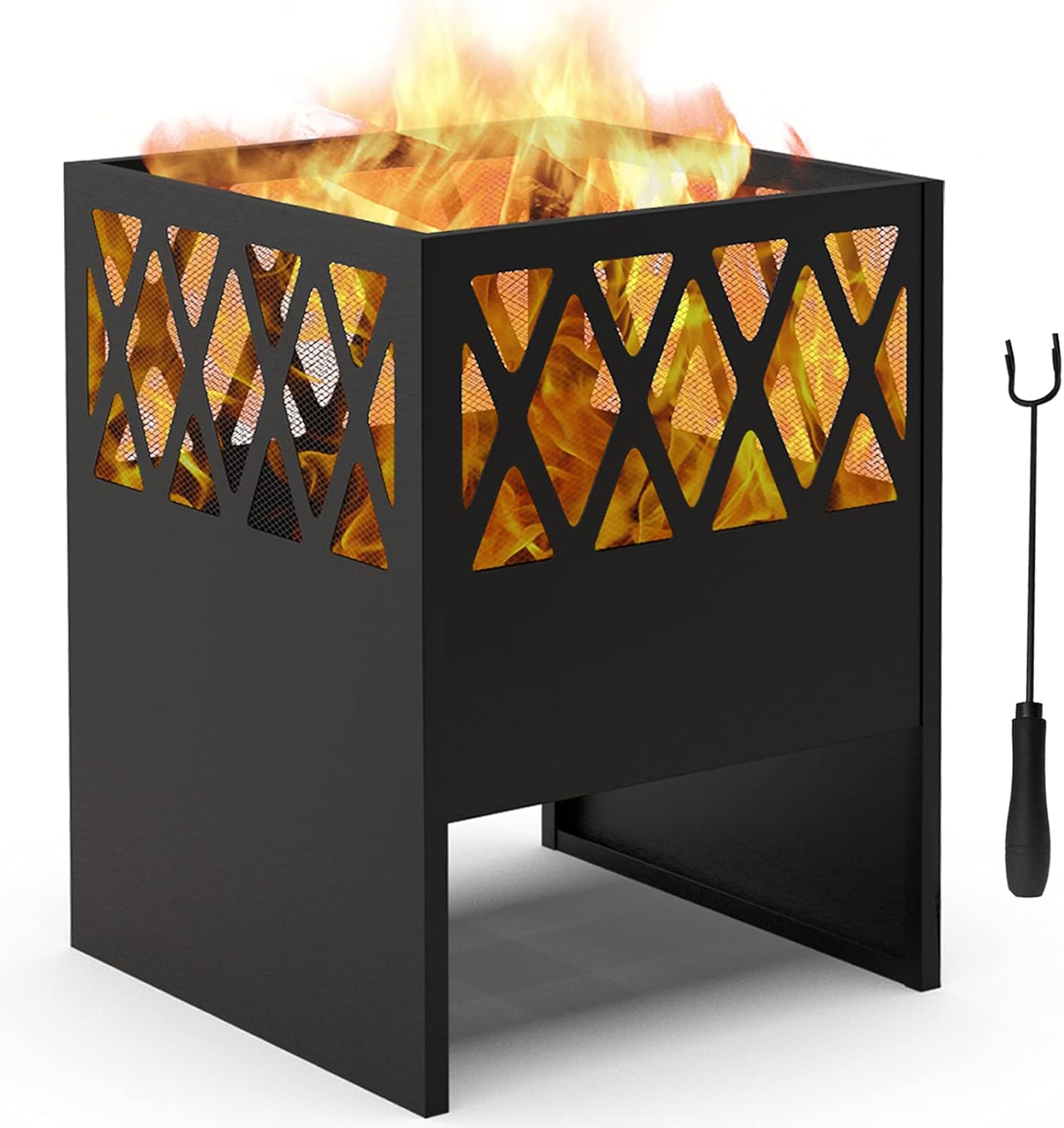 CharaVector Outdoor Wood Burning Burn Barrel Fire Pits 28&rdquo; Large Square Wood Stove, Deep Stainless Steel with Mesh Spark Screen and Fire Poker for Barbeque, Backyard, Bonfire